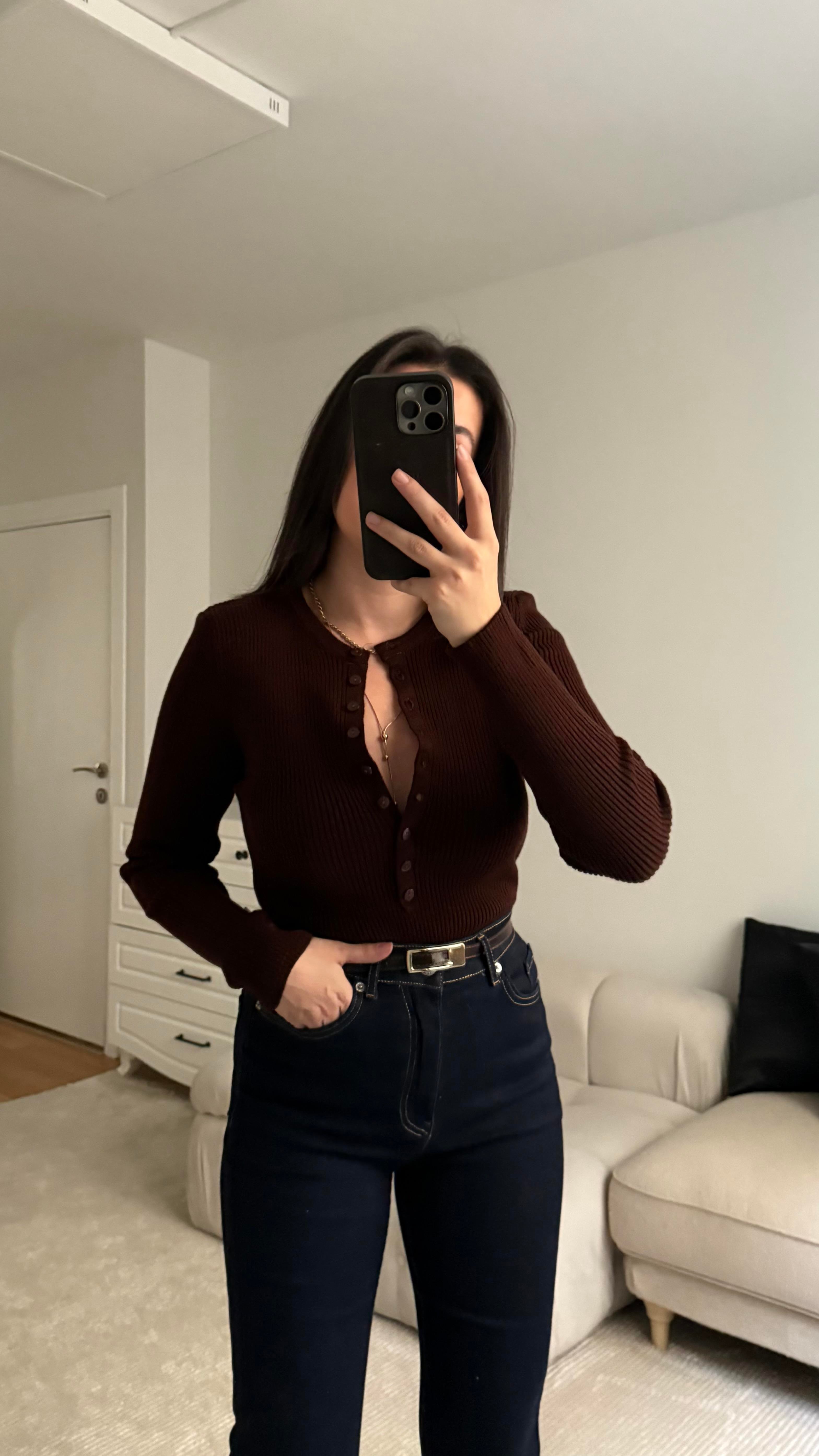 Rey Acı Kahve Full Düğmeli Triko