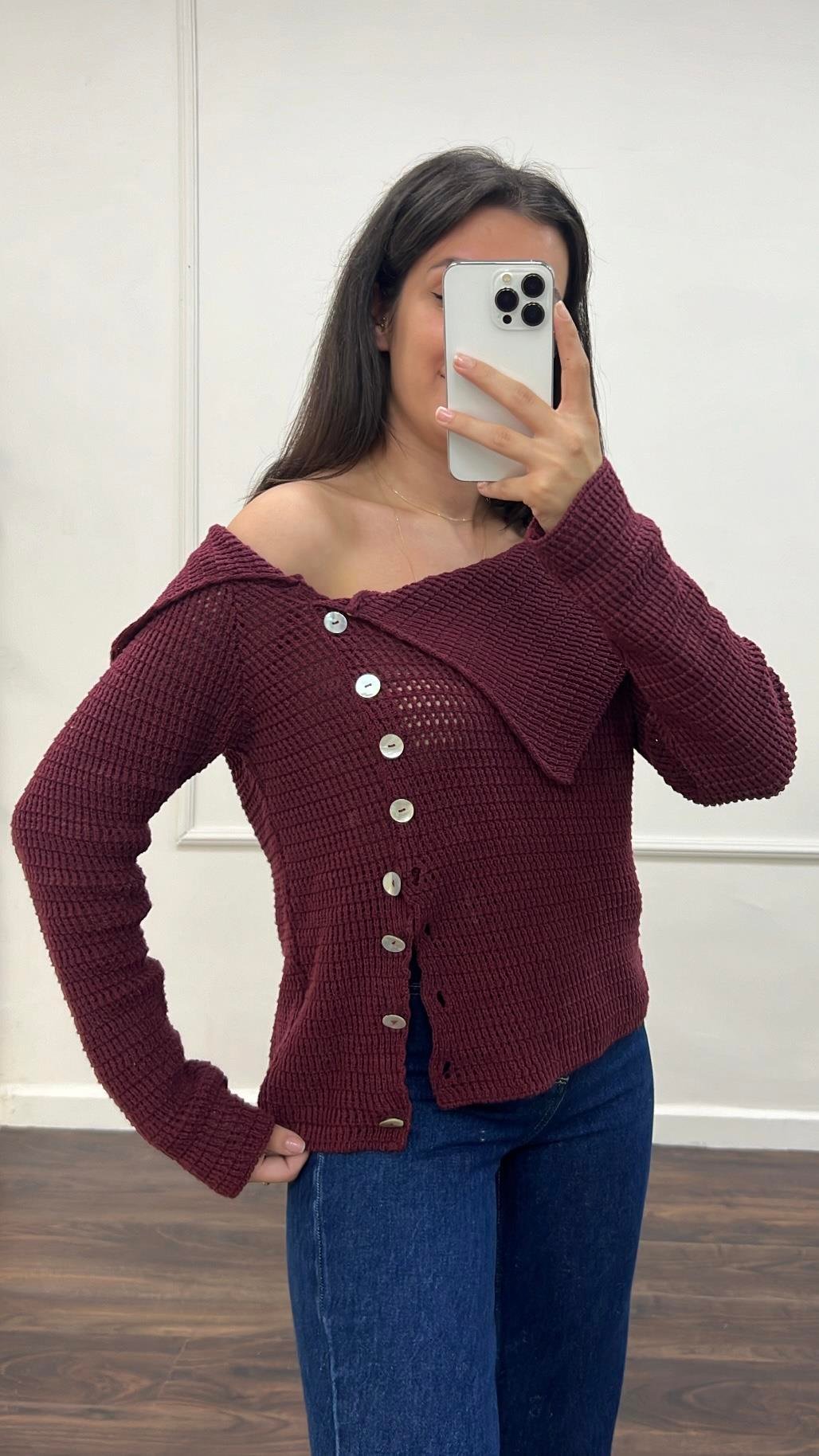 Rustik Bordo Düşük Omuz Triko Bluz