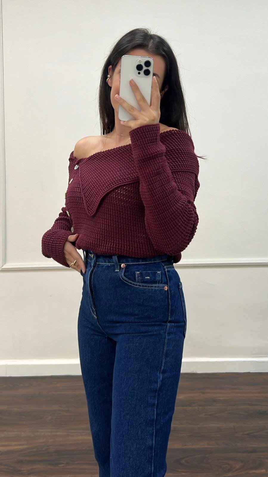 Rustik Bordo Düşük Omuz Triko Bluz