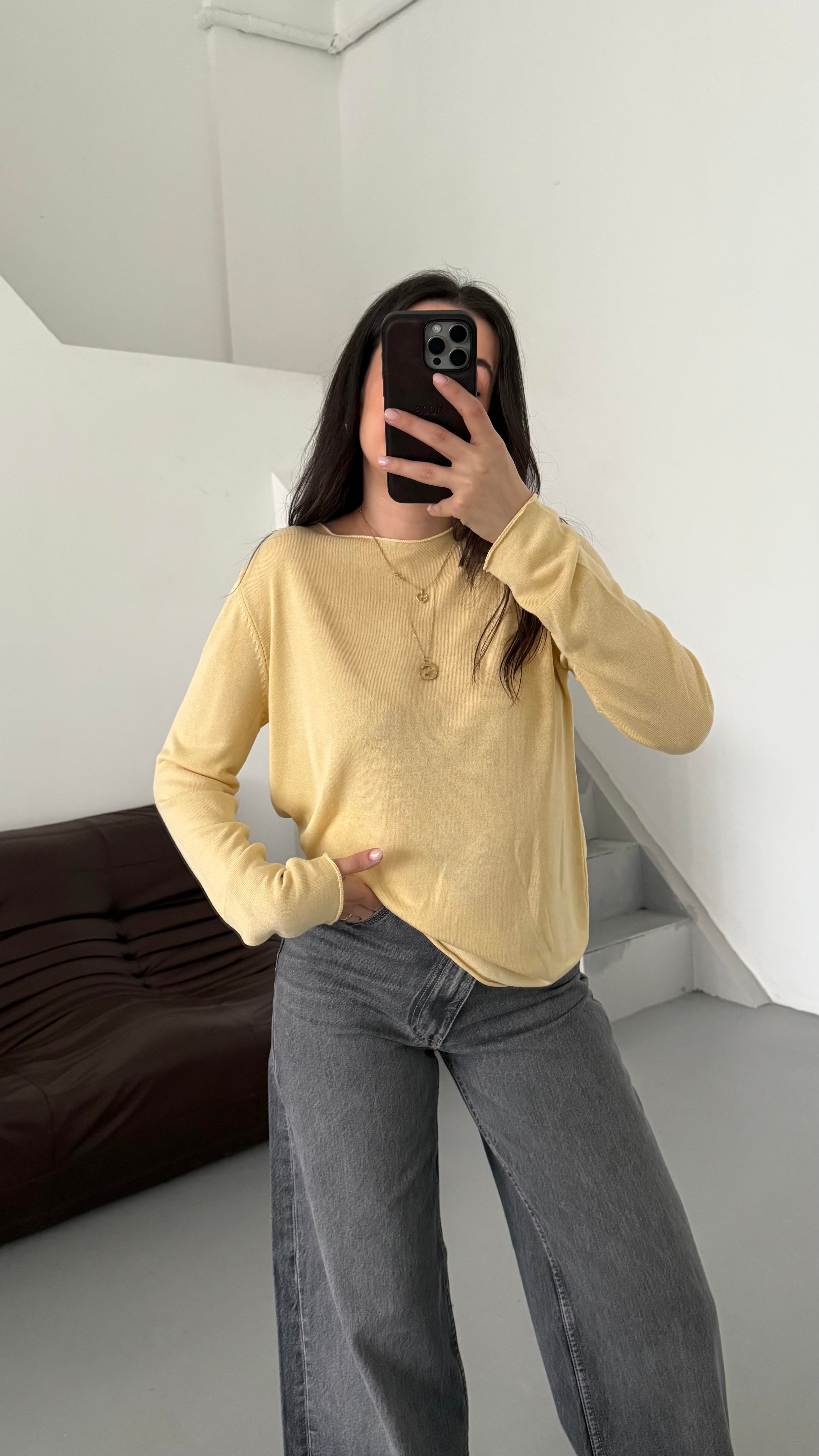 Sarı Viskon Örme Triko Bluz