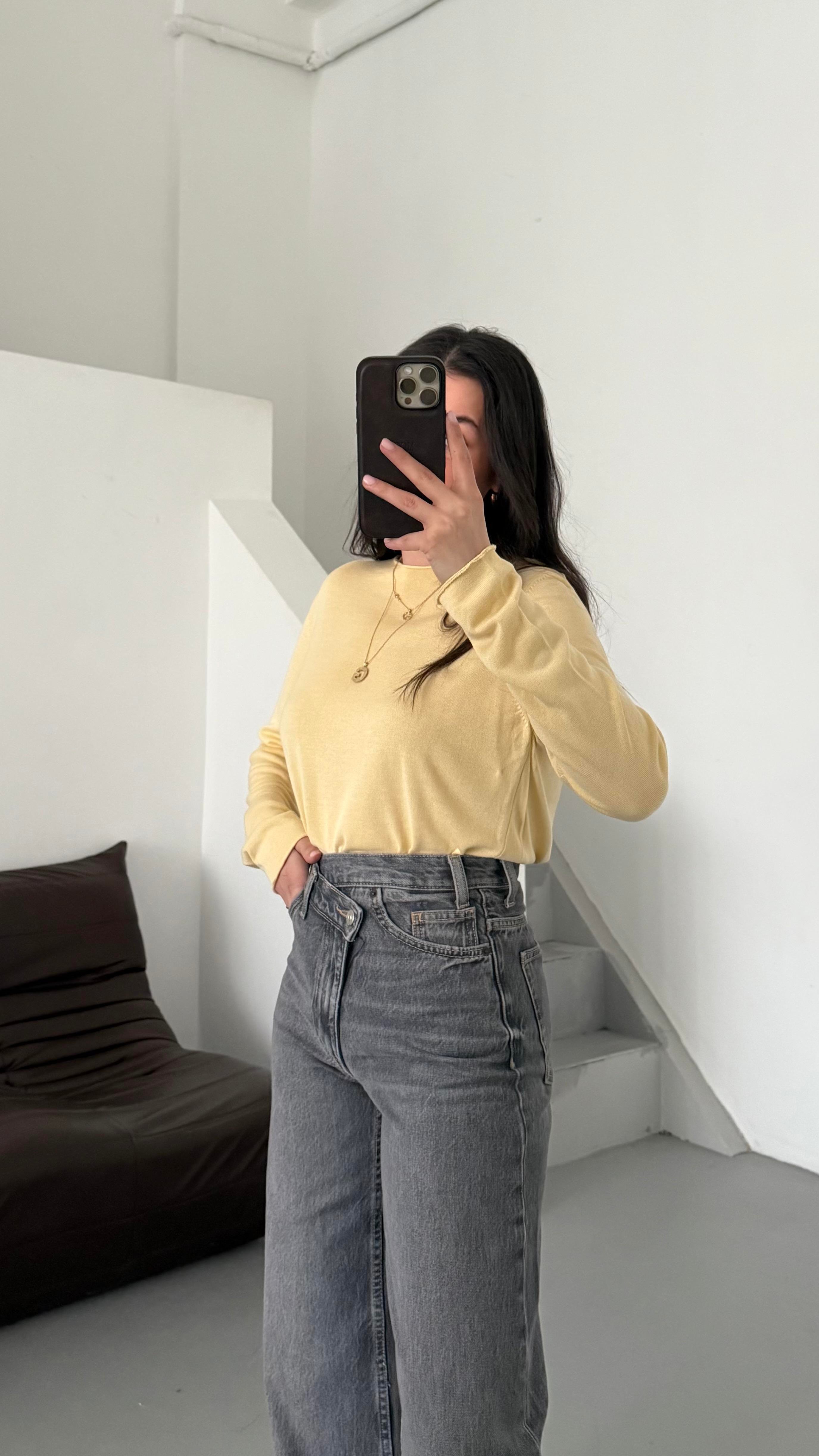 Sarı Viskon Örme Triko Bluz