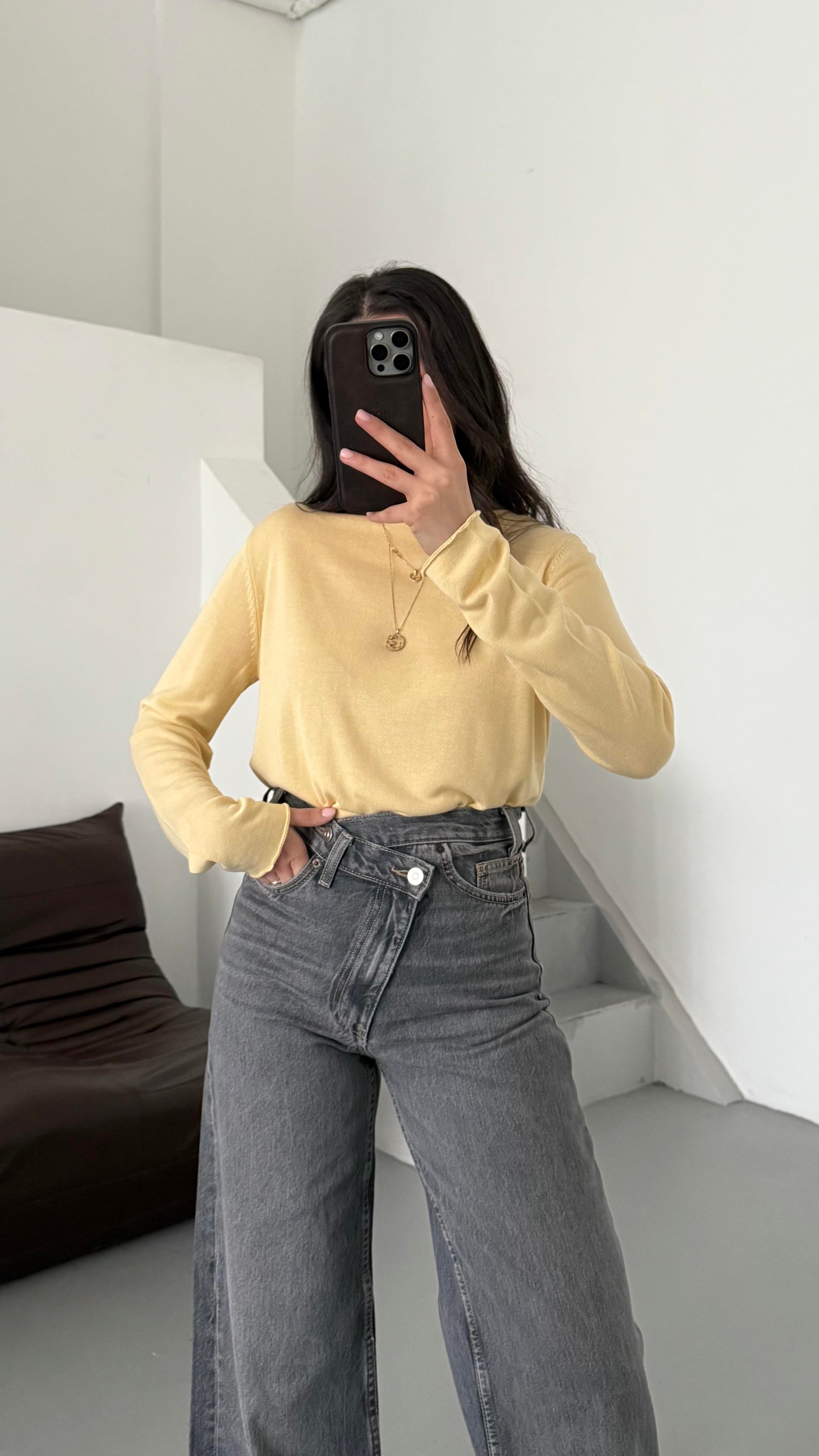 Sarı Viskon Örme Triko Bluz