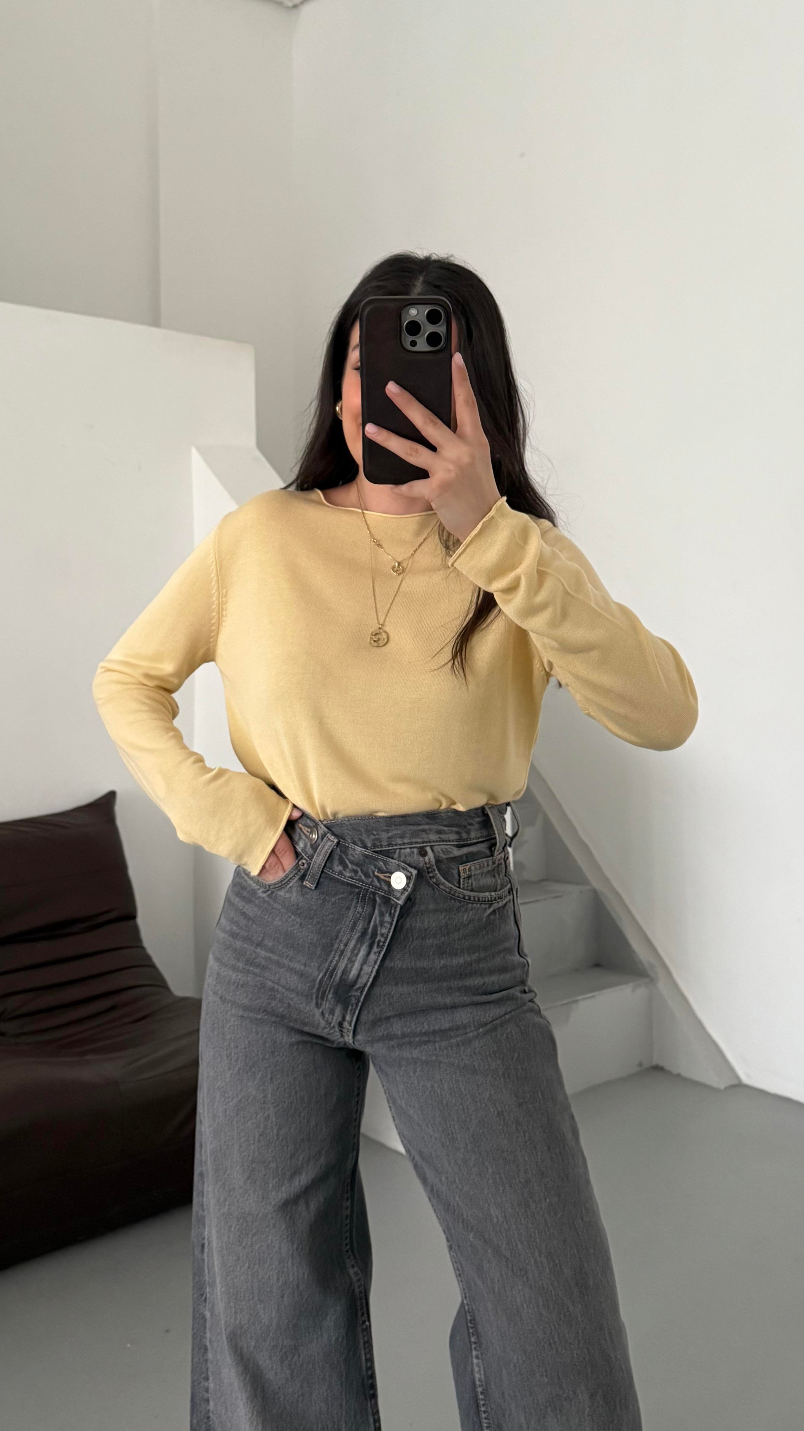 Sarı Viskon Örme Triko Bluz