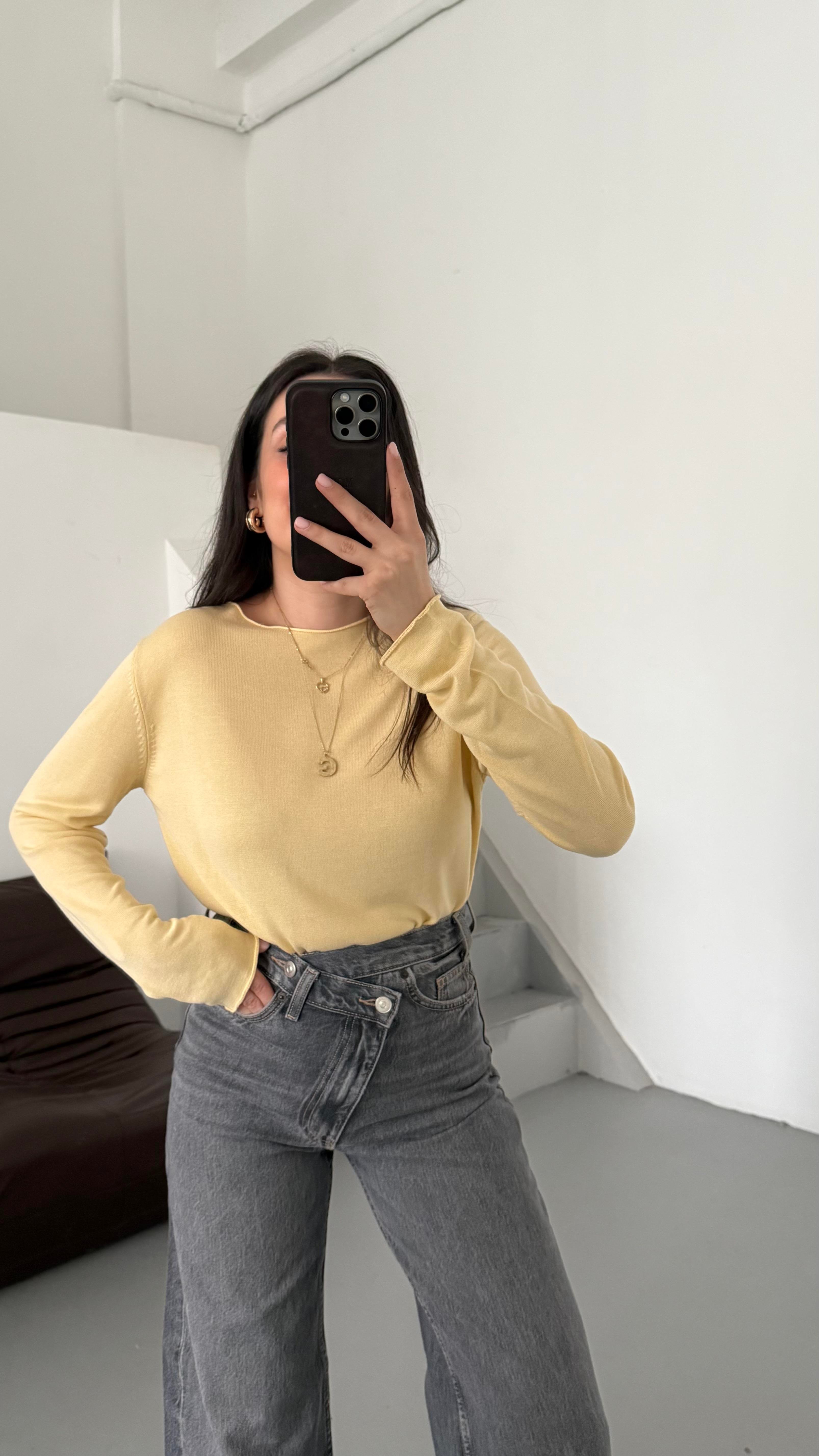 Sarı Viskon Örme Triko Bluz