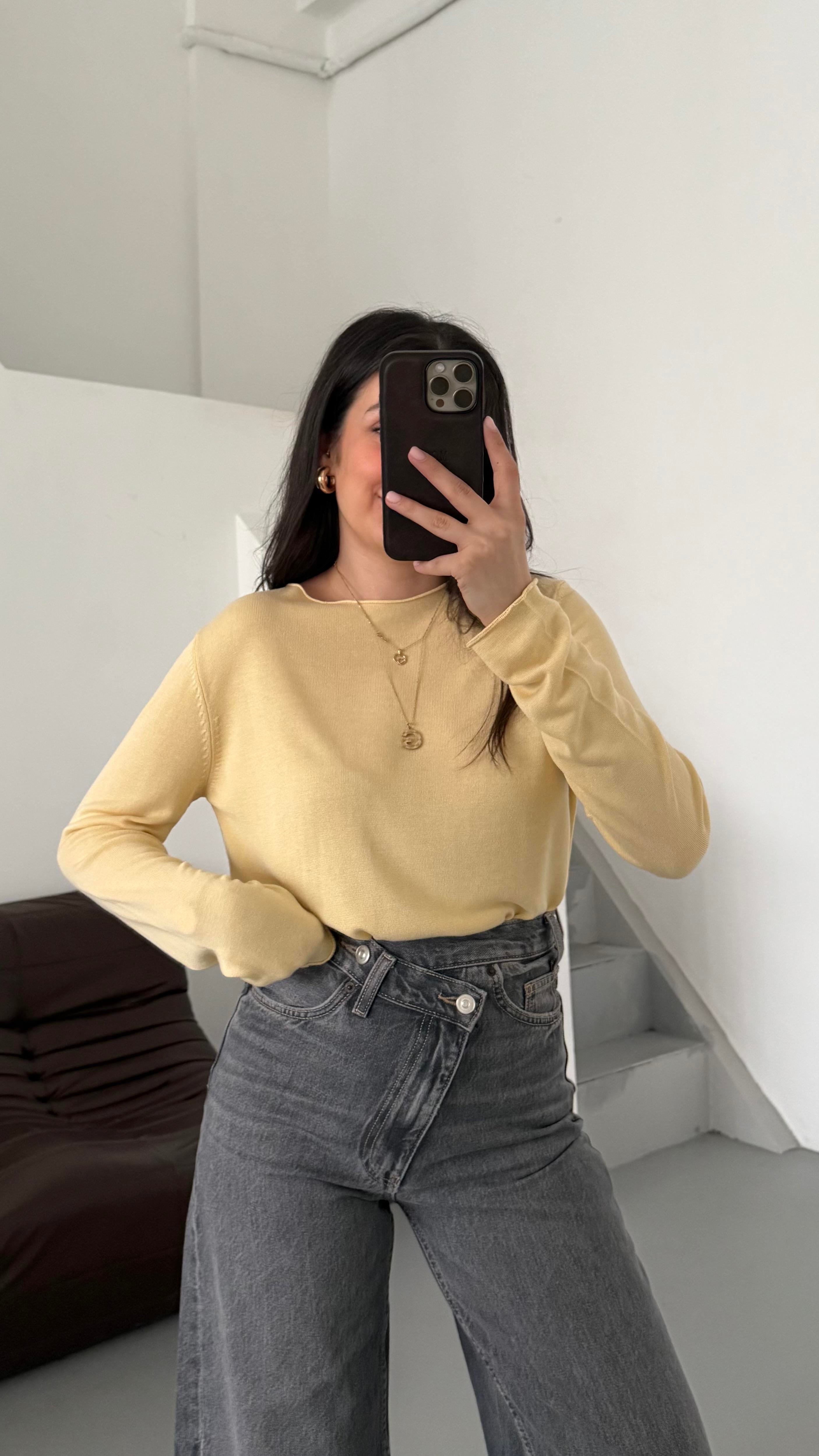 Sarı Viskon Örme Triko Bluz