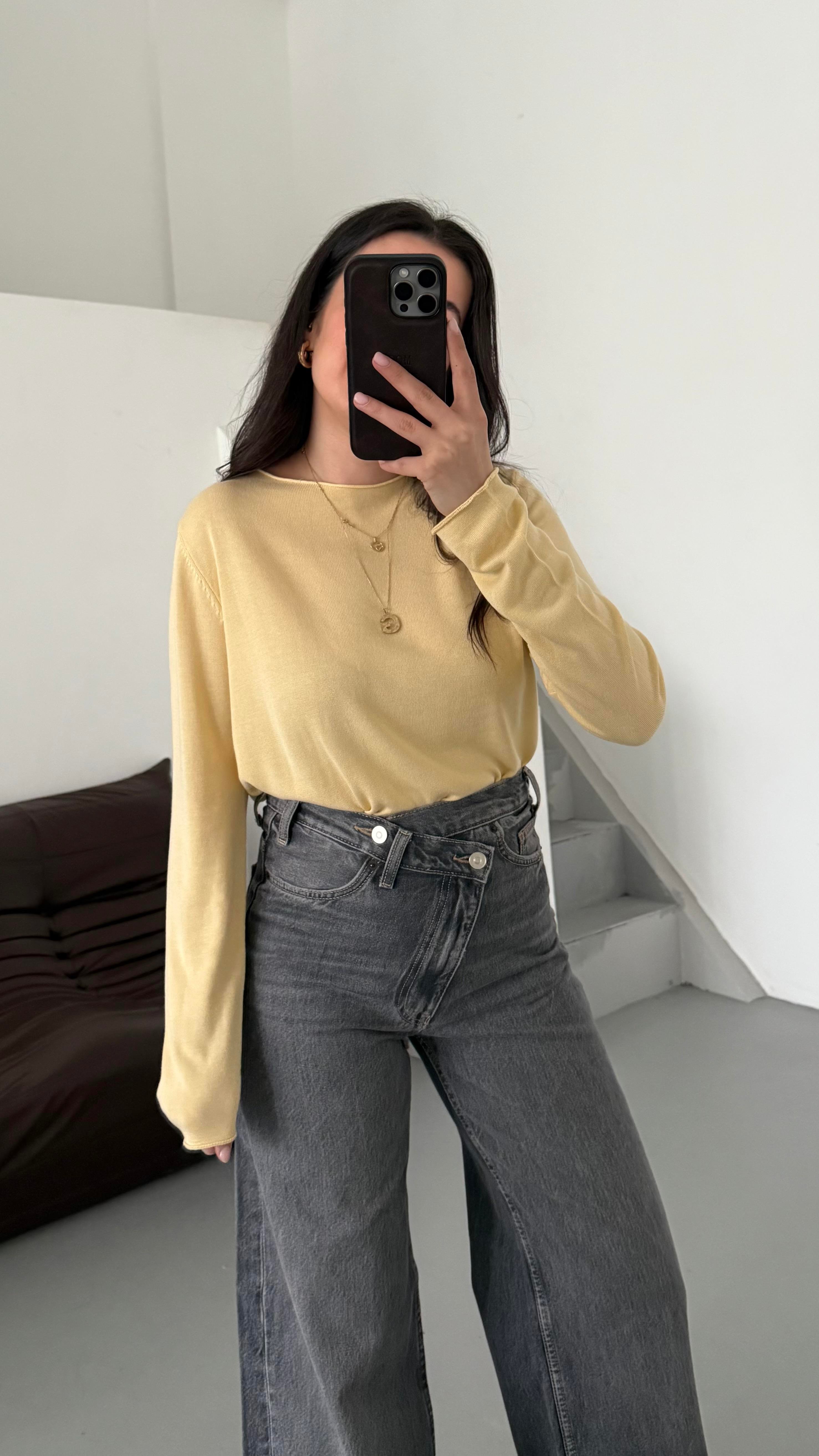 Sarı Viskon Örme Triko Bluz