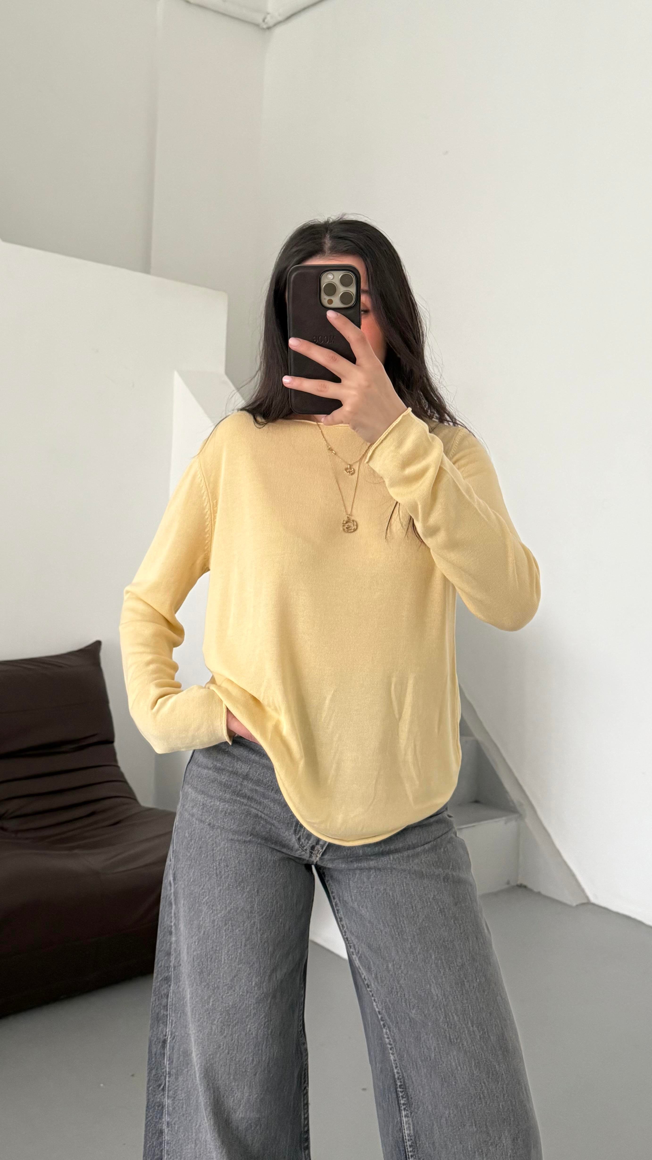 Sarı Viskon Örme Triko Bluz