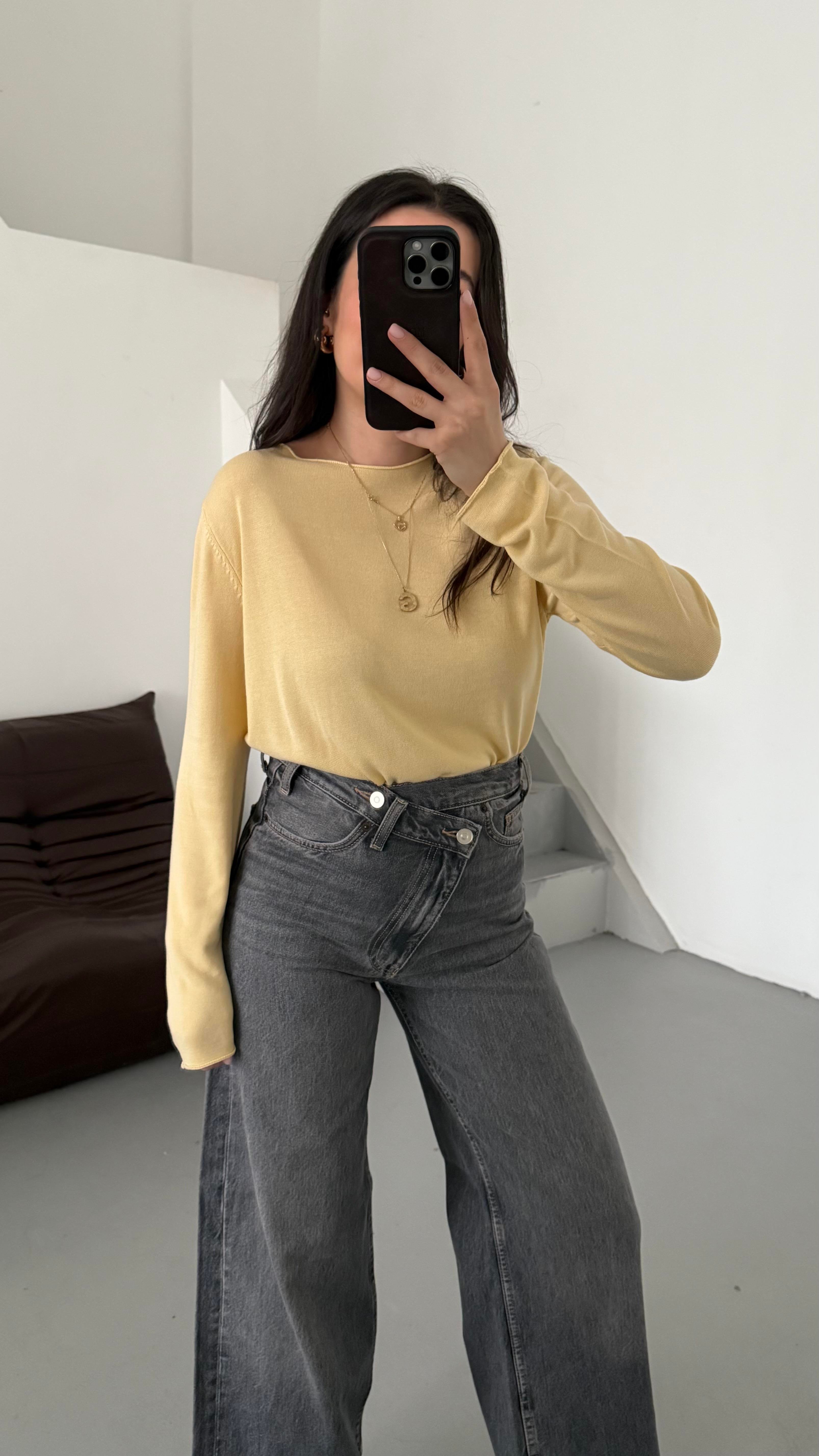 Sarı Viskon Örme Triko Bluz