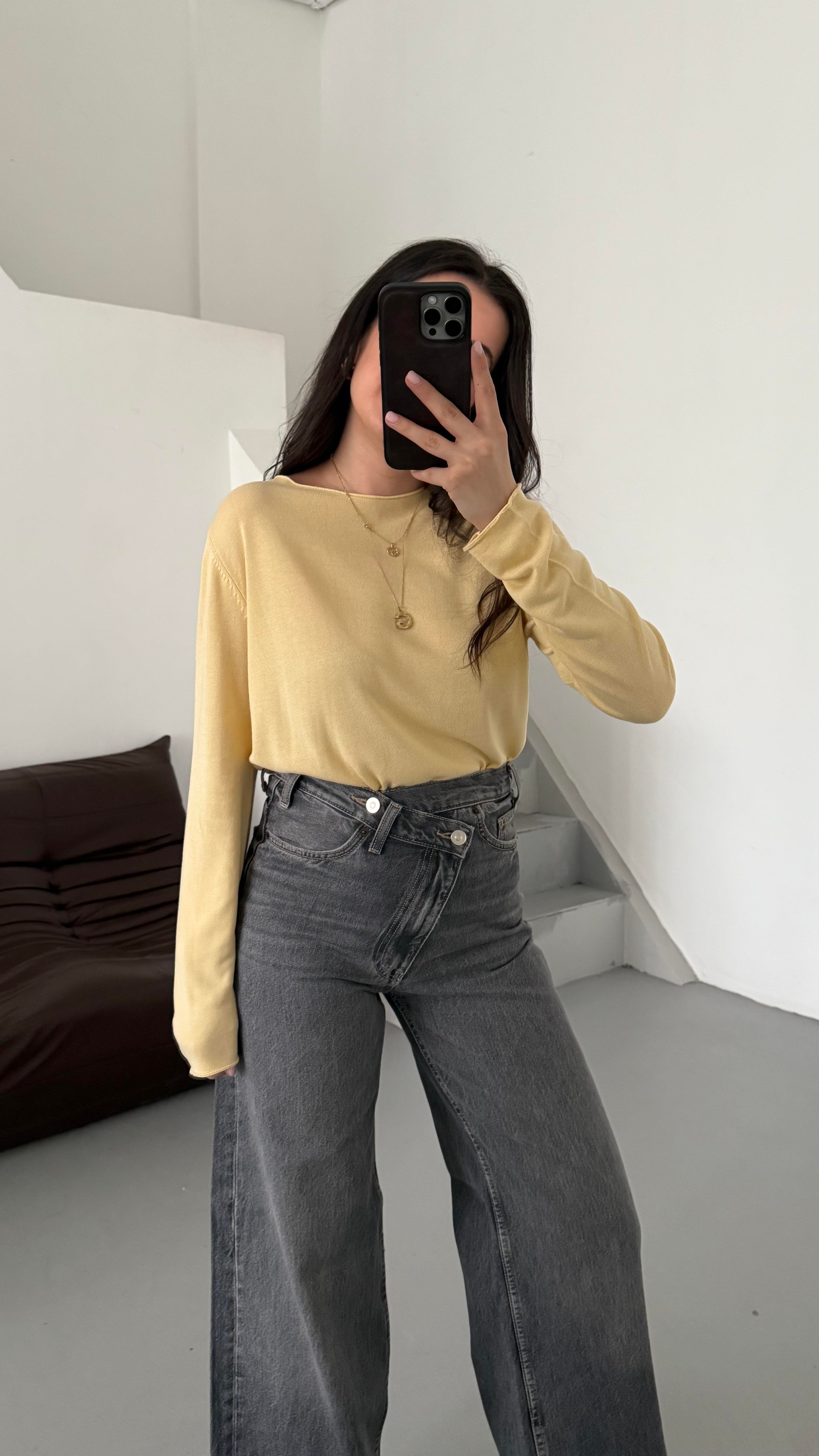 Sarı Viskon Örme Triko Bluz