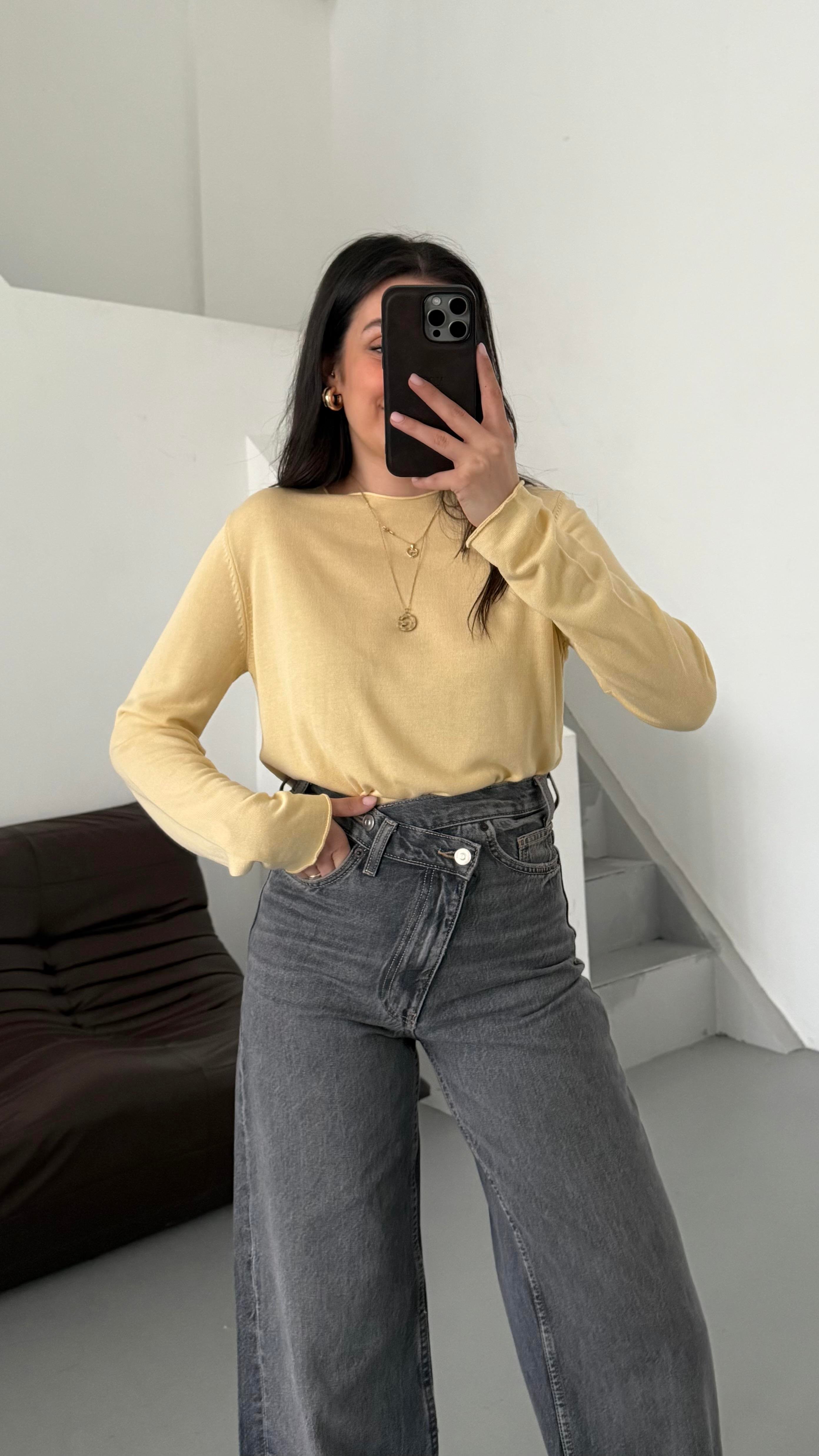 Sarı Viskon Örme Triko Bluz