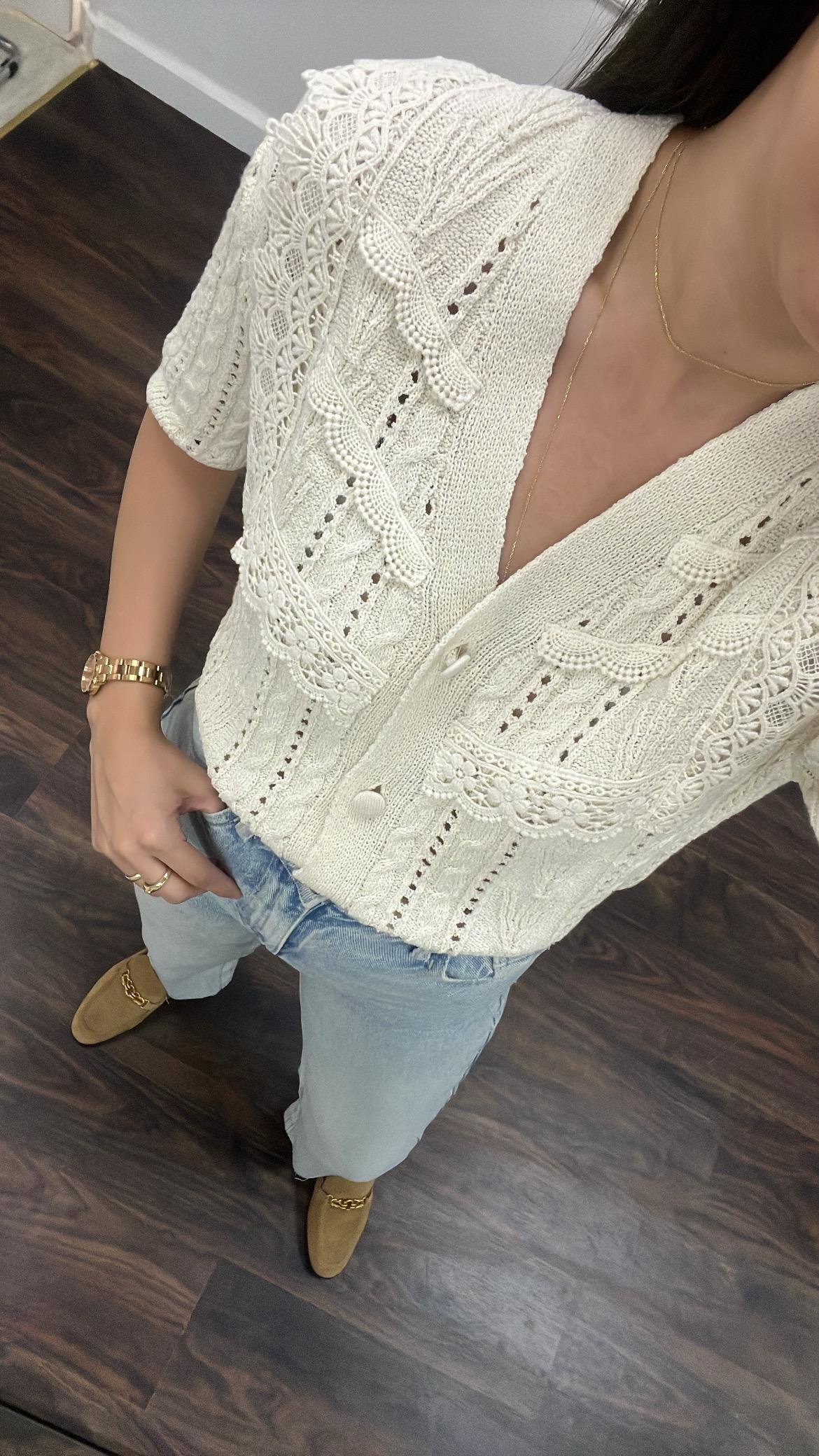 Save Krem Dantel İşlemeli Triko Hırka