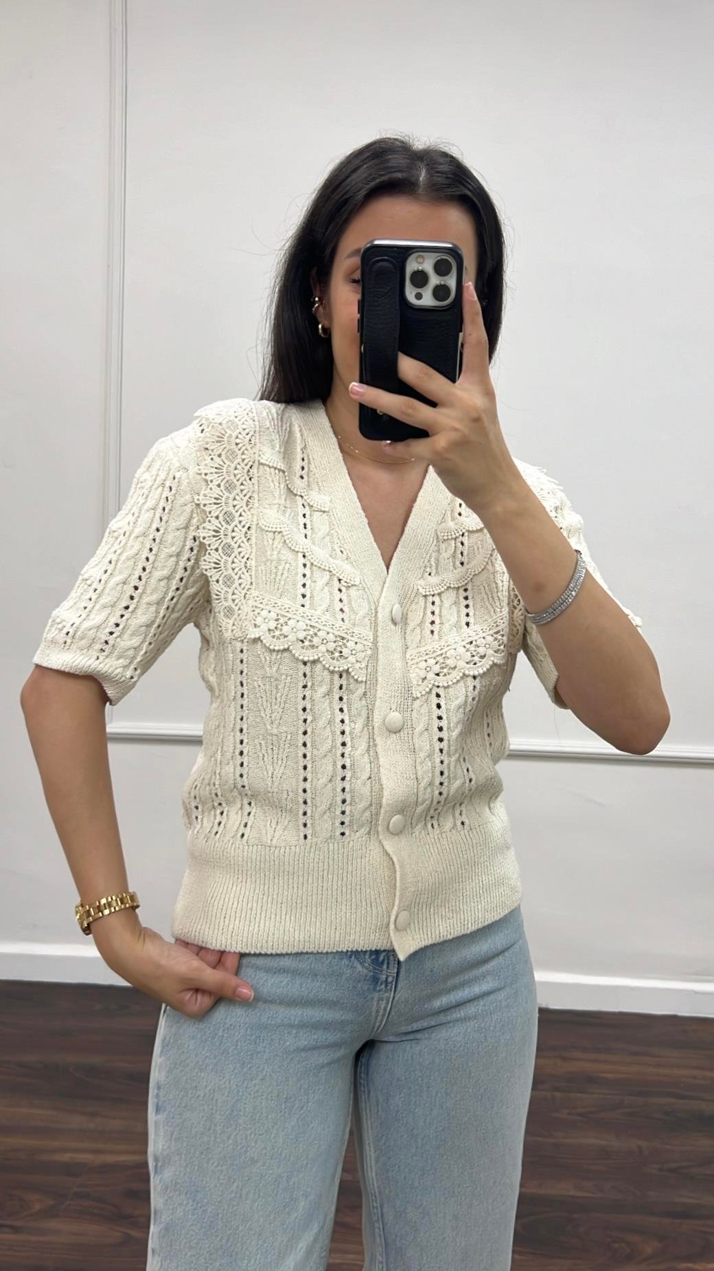 Save Krem Dantel İşlemeli Triko Hırka