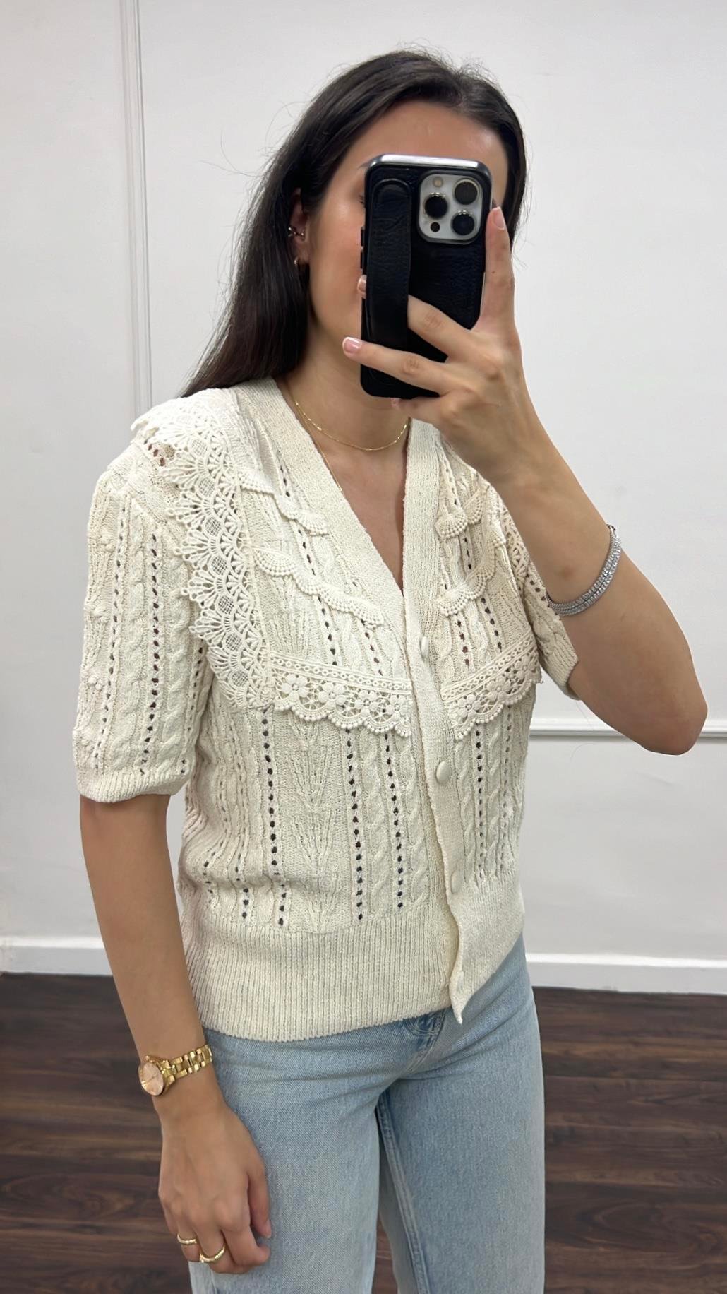 Save Krem Dantel İşlemeli Triko Hırka