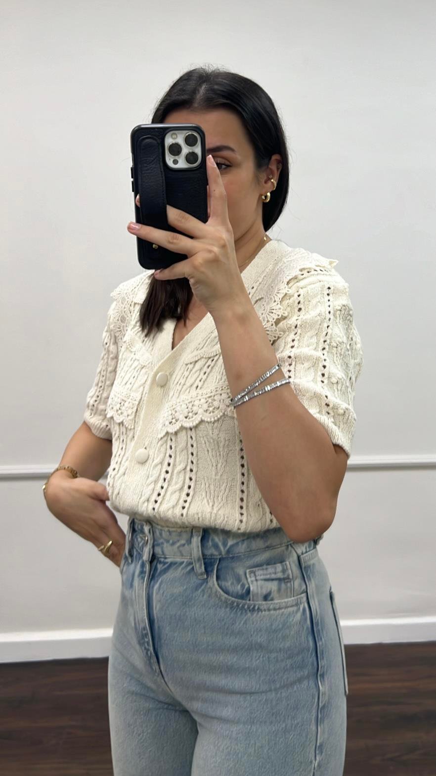 Save Krem Dantel İşlemeli Triko Hırka