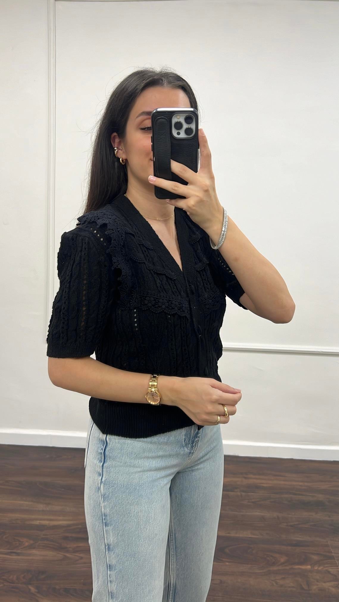 Save Siyah Dantel İşlemeli Triko Hırka