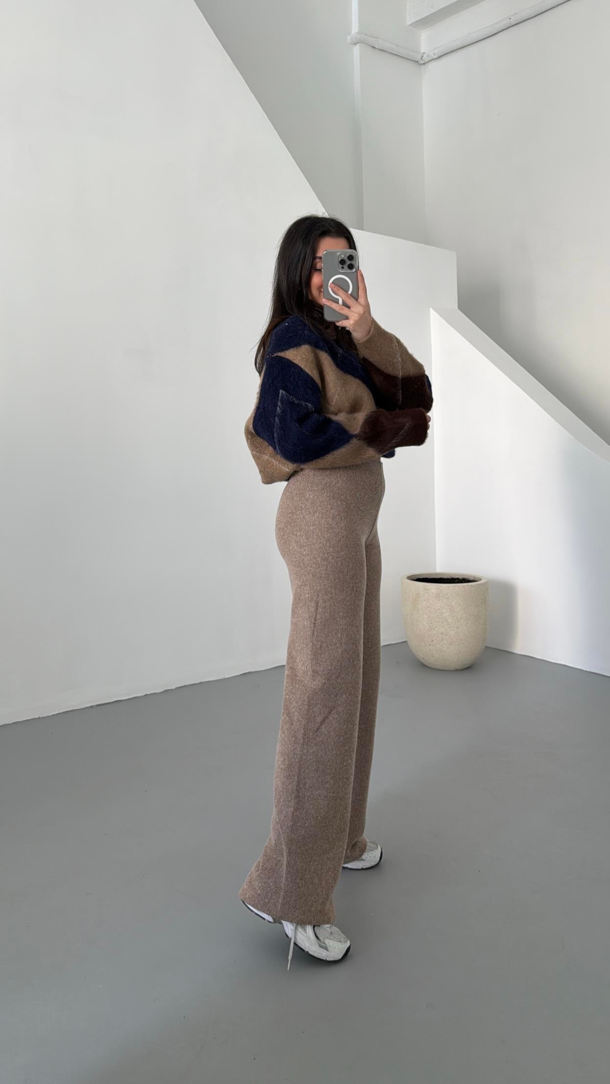 Sezon Camel Dokulu Kendinden Fitilli Örme Pantolon