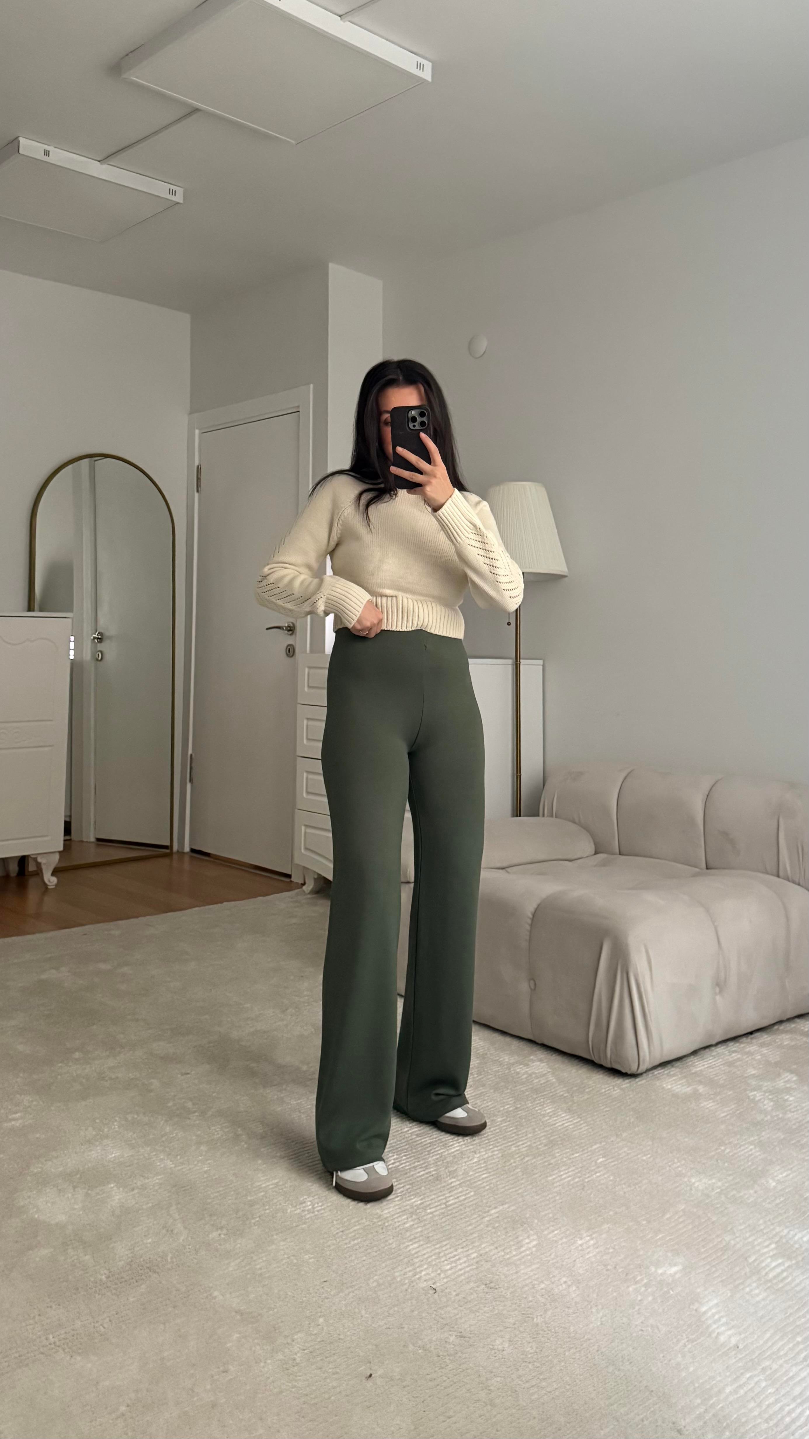 Sezon yeşil Yüksek Bel Straight Modal Pantolon