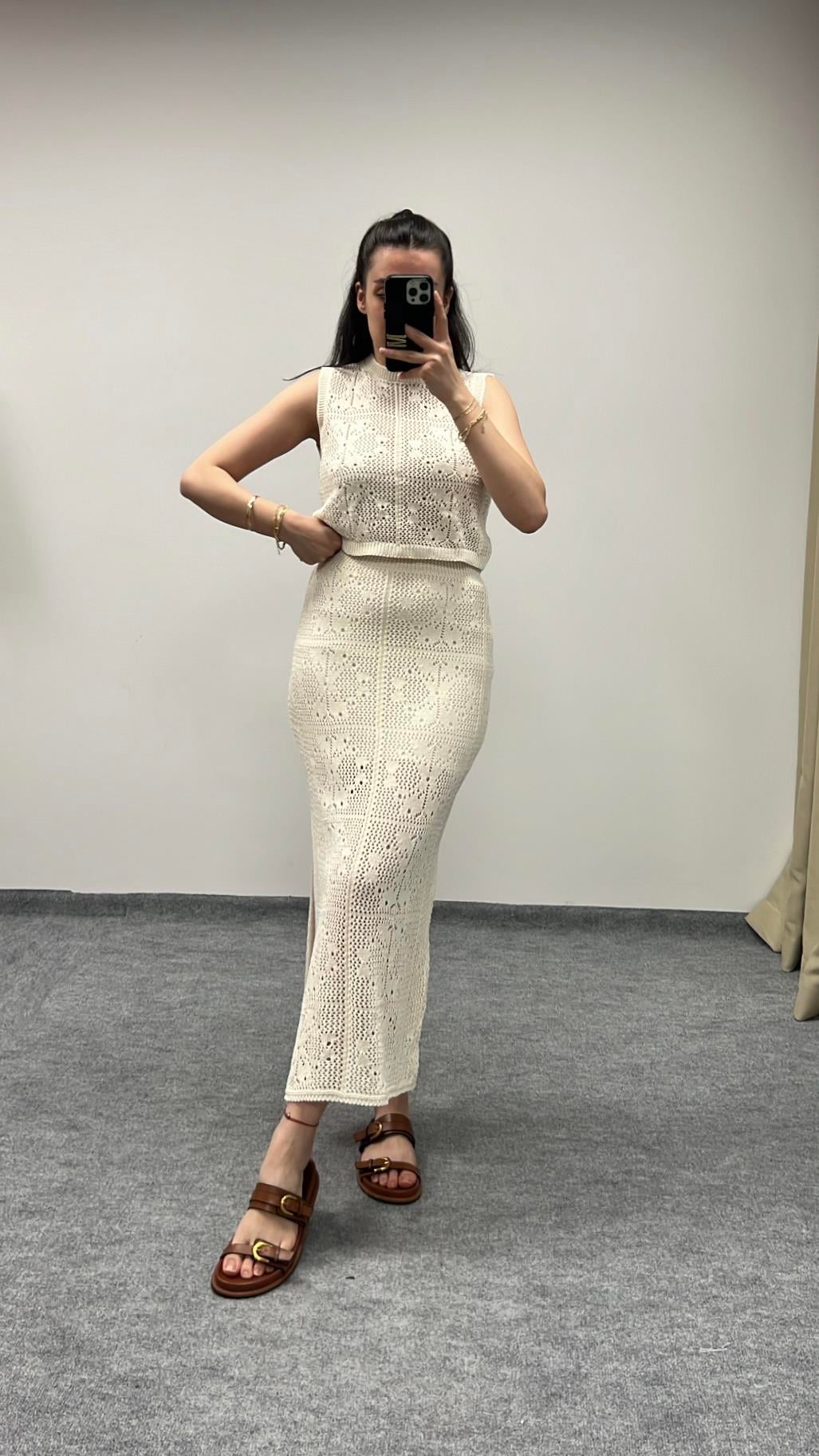 Şina Bej Örme Crop Etek Takım