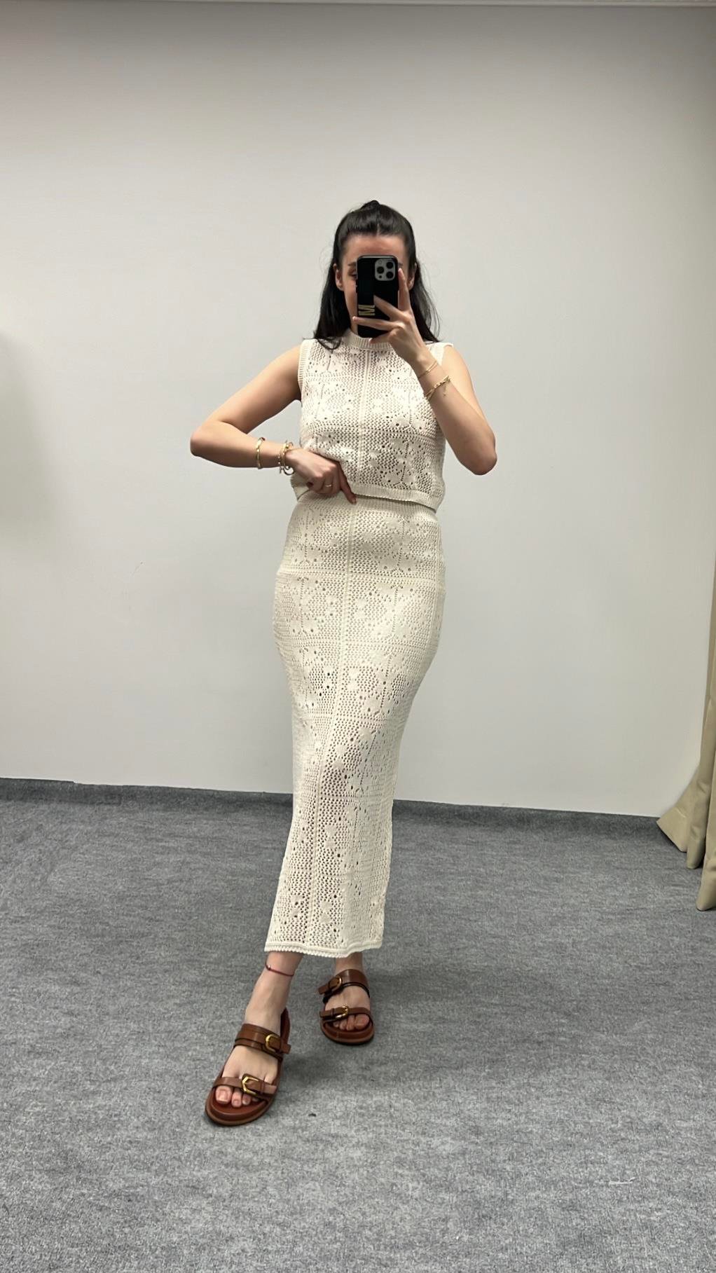 Şina Bej Örme Crop Etek Takım