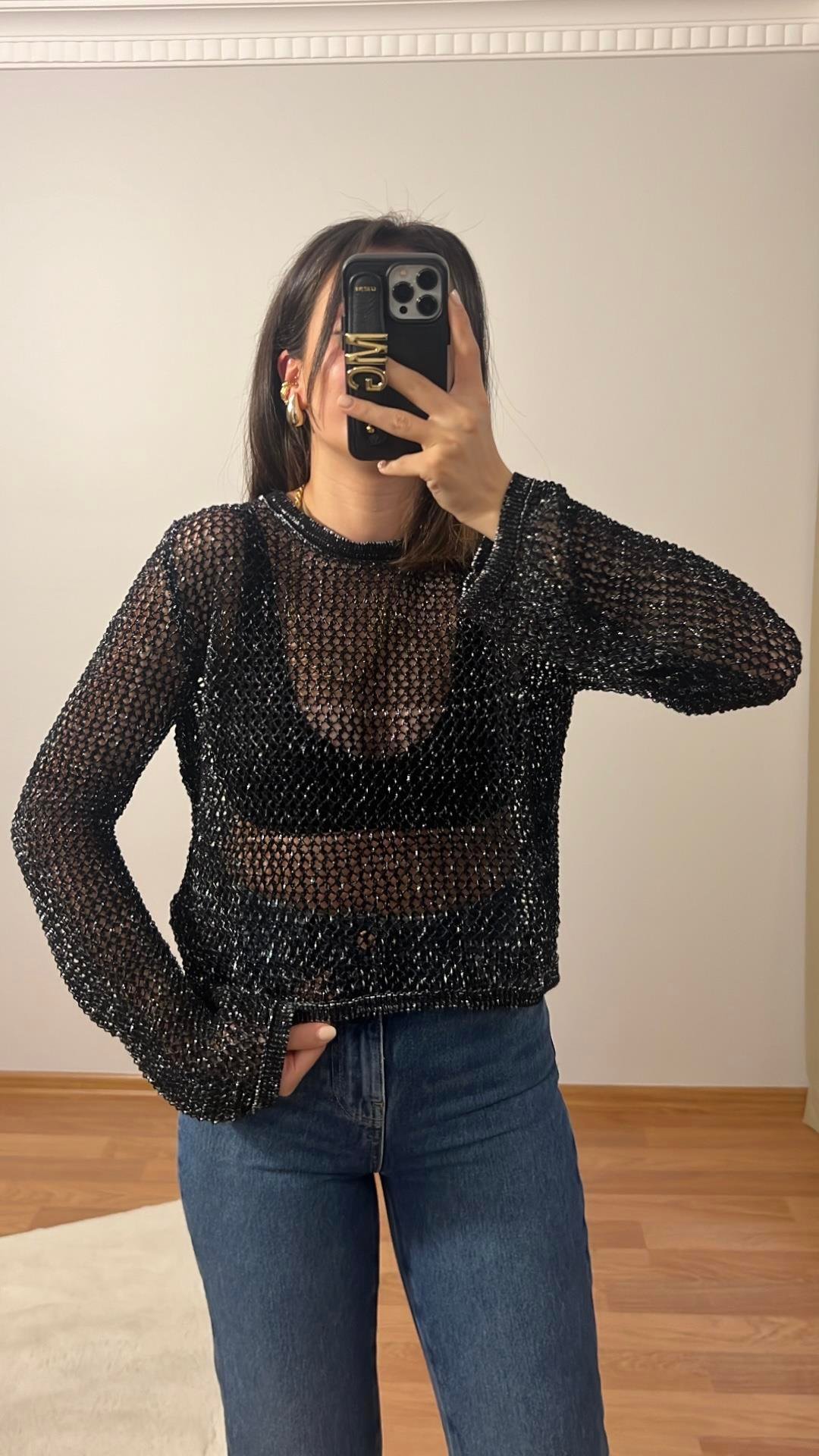 SİYAH AJURLU SİMLİ TRİKO