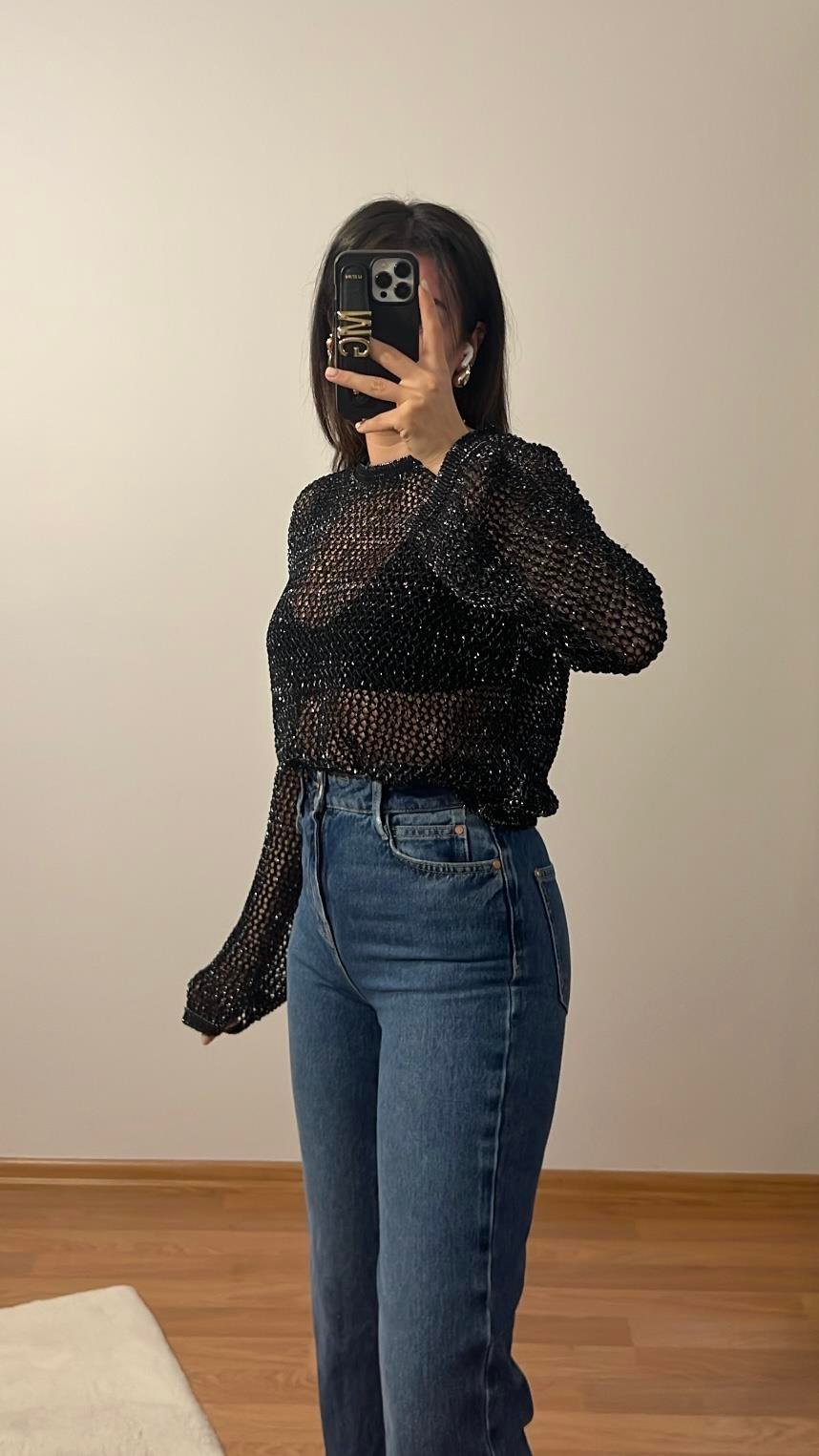 SİYAH AJURLU SİMLİ TRİKO