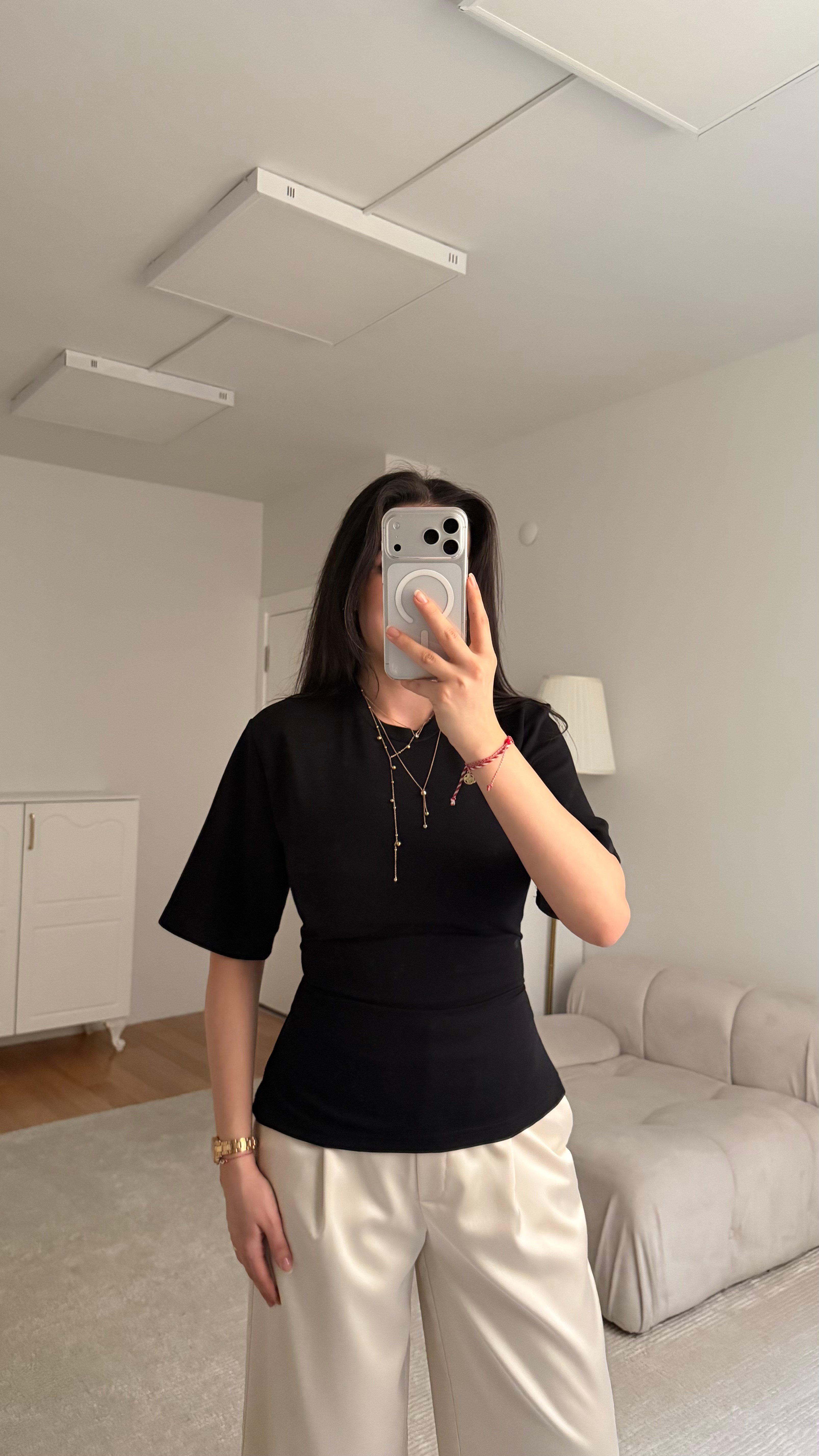 Siyah Basic Bisiklet Yaka Sırt Bağlamalı Bluz 