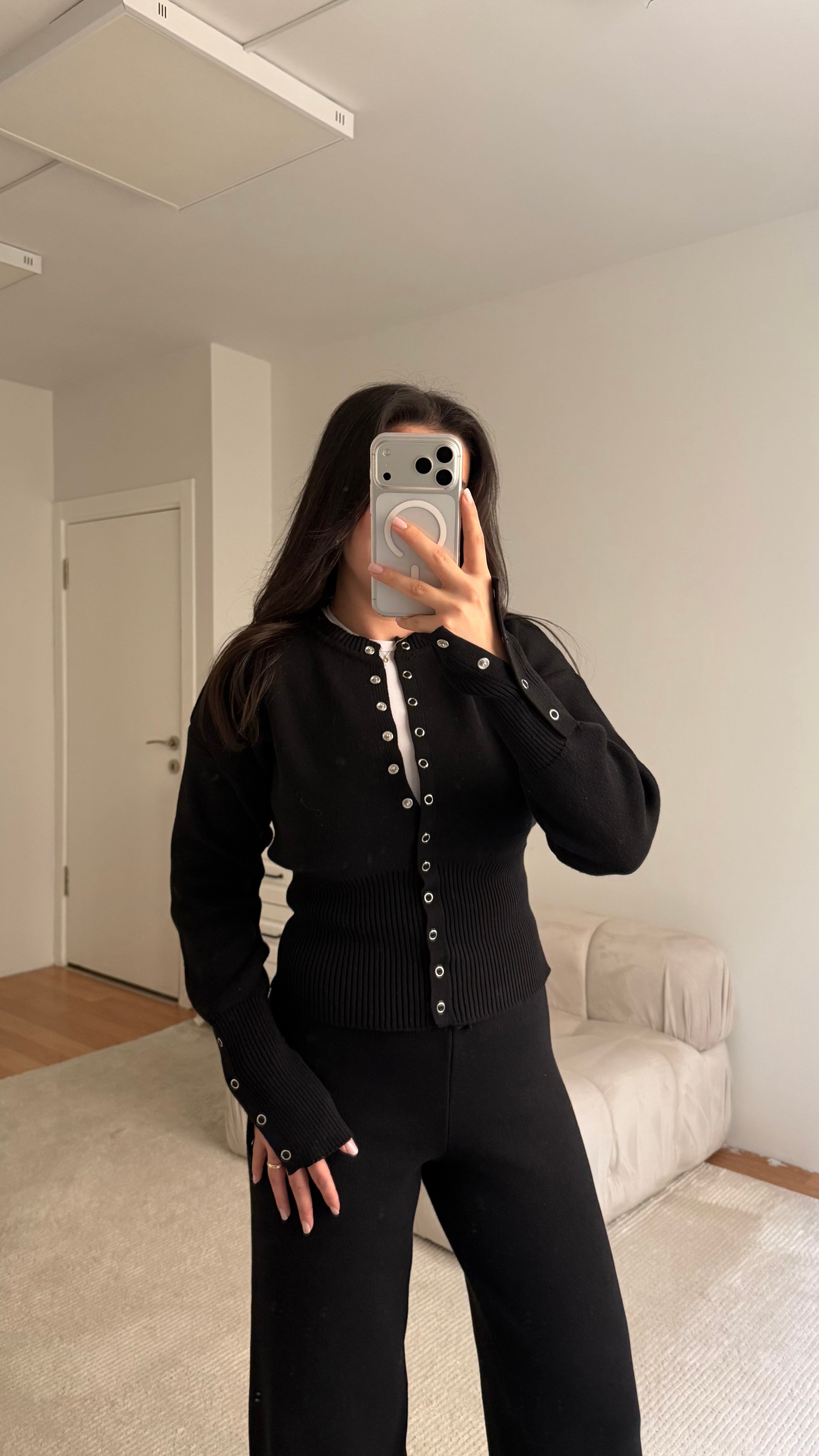 Siyah Bisiklet Yaka Çıtçıtlı 2'li Triko Takım