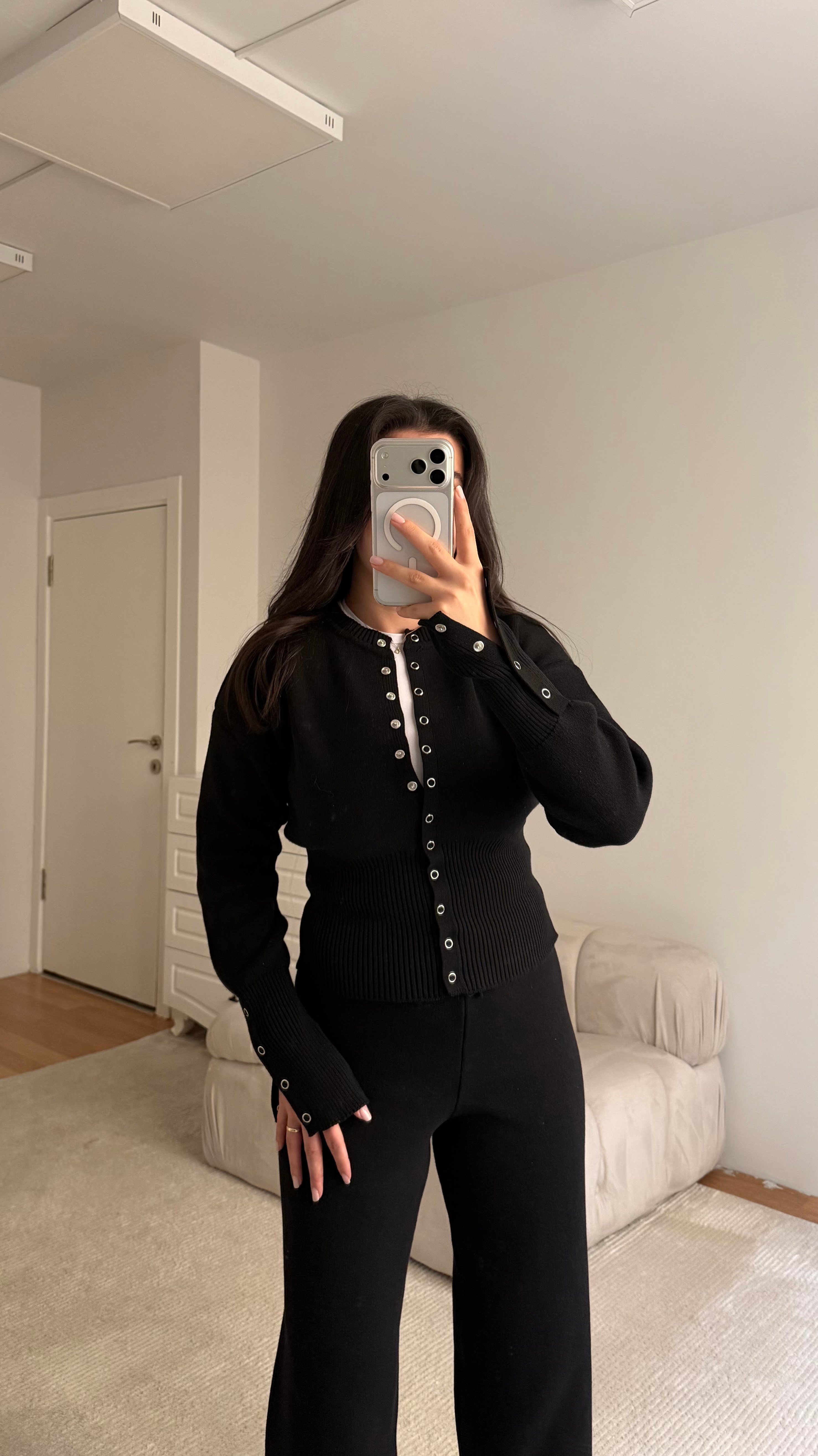 Siyah Bisiklet Yaka Çıtçıtlı 2'li Triko Takım