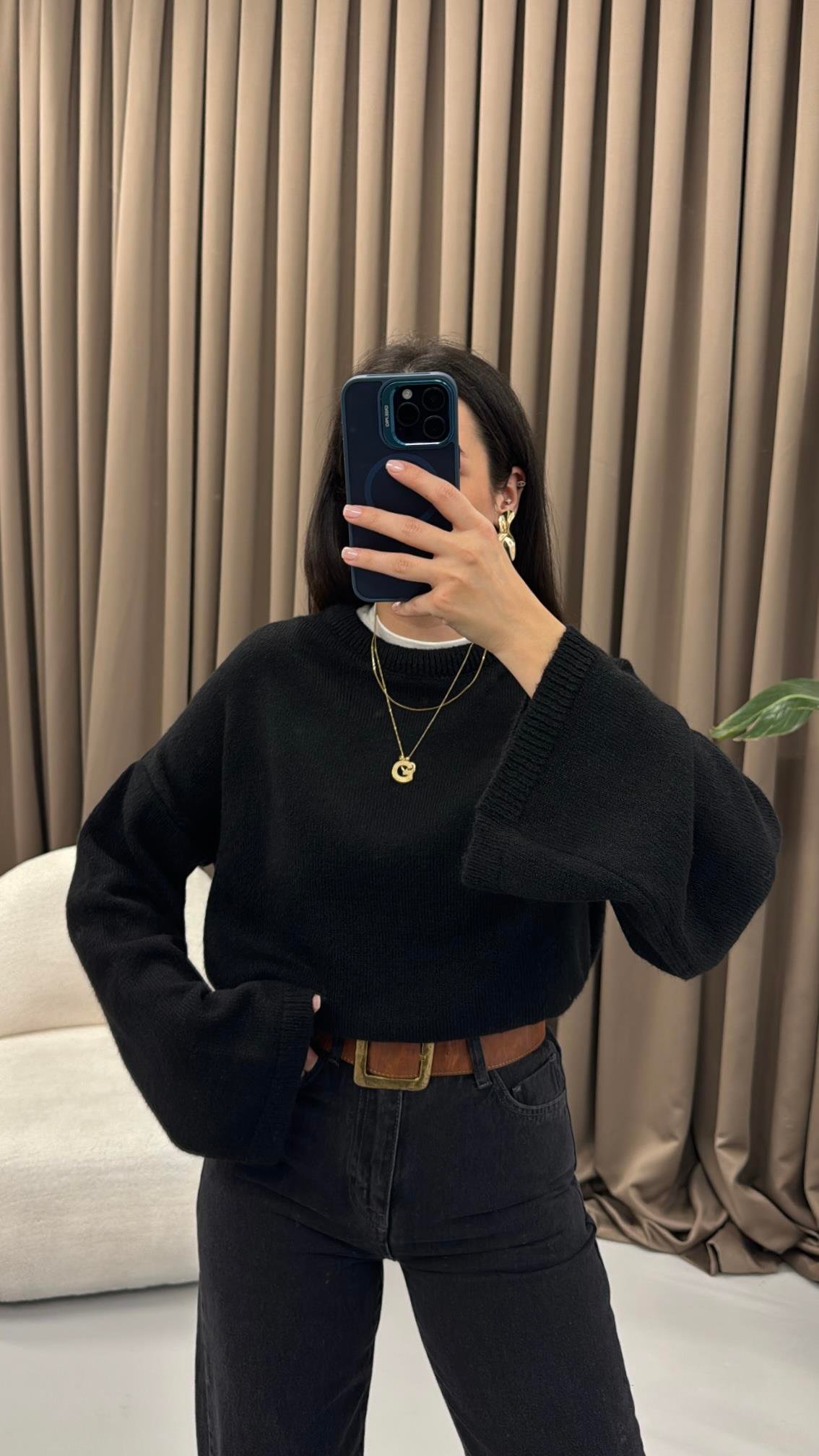 Siyah Bisiklet Yaka Oversize Triko Kazak