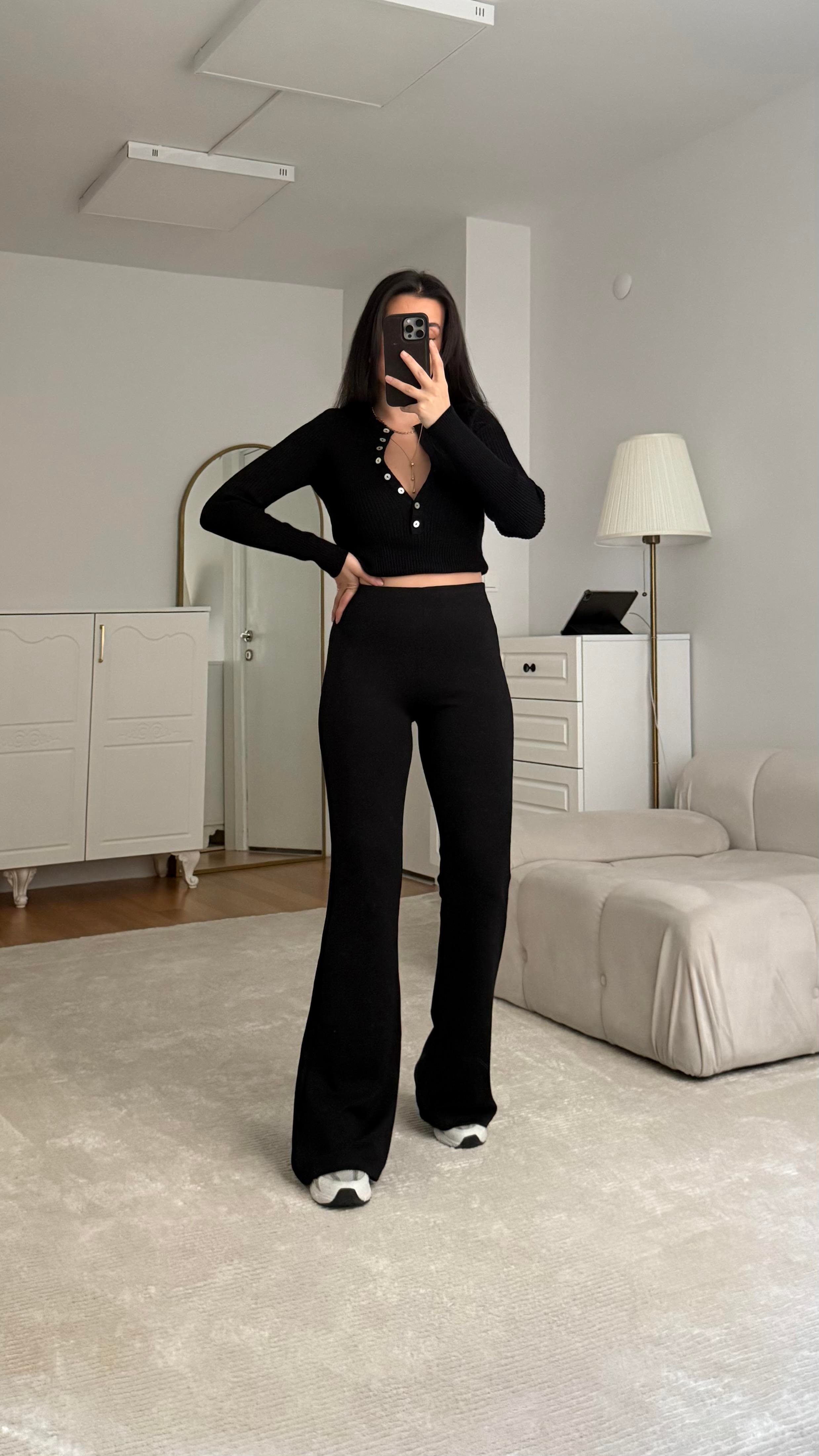 Siyah Çelik Örme Wide Leg Tayt Pantolon