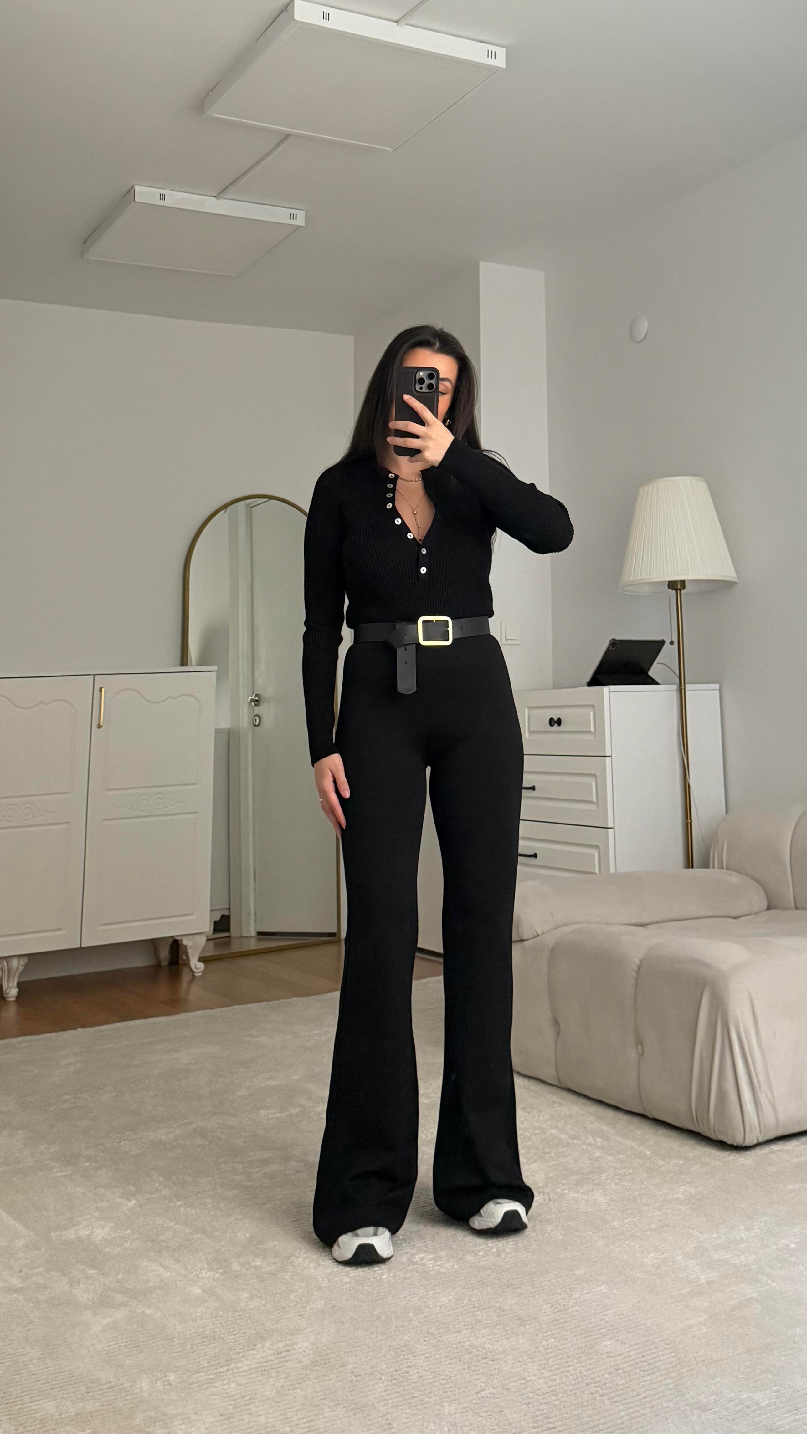 Siyah Çelik Örme Wide Leg Tayt Pantolon