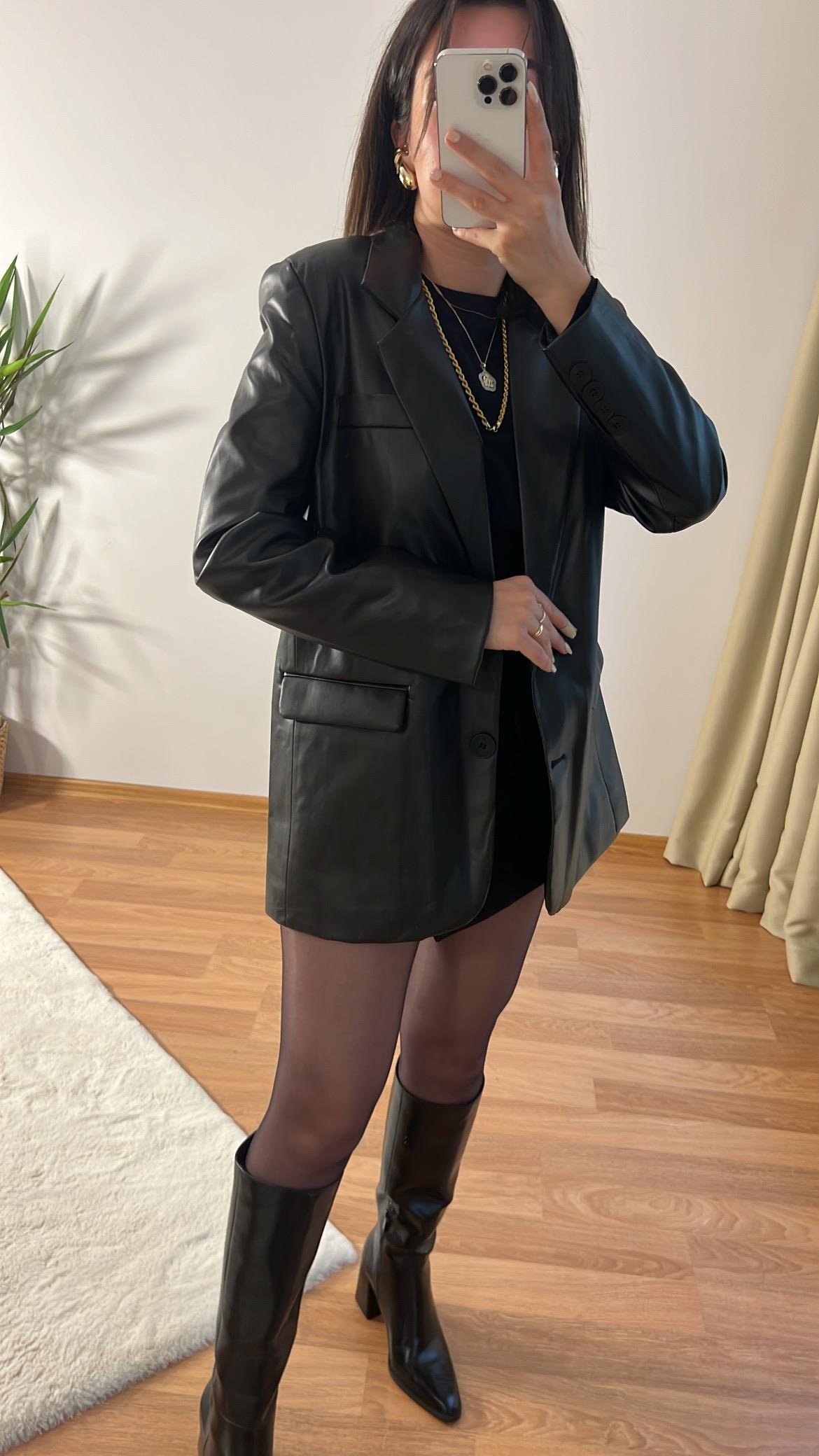 SİYAH DERİ KRUVAZE BLAZER