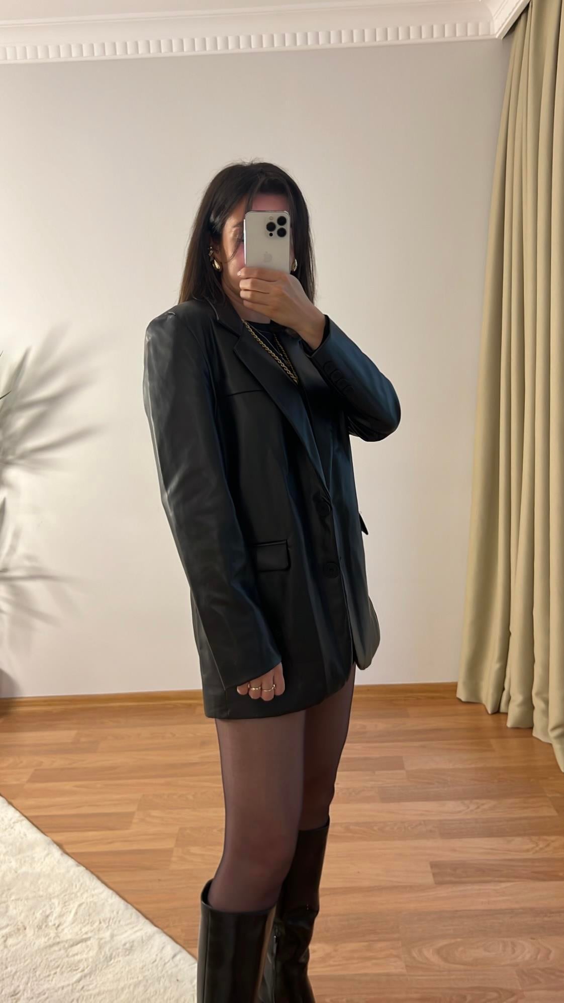 SİYAH DERİ KRUVAZE BLAZER