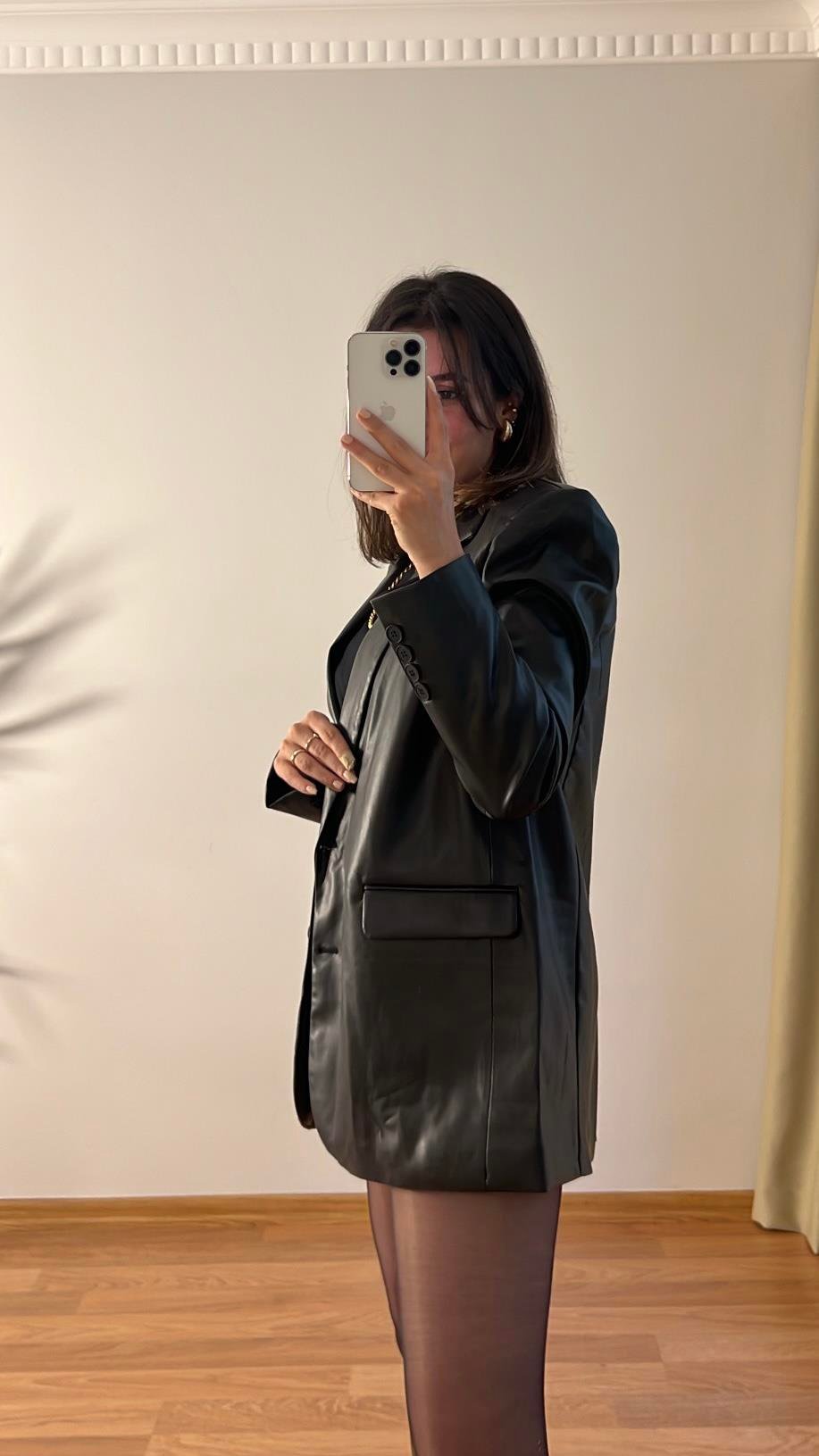 SİYAH DERİ KRUVAZE BLAZER