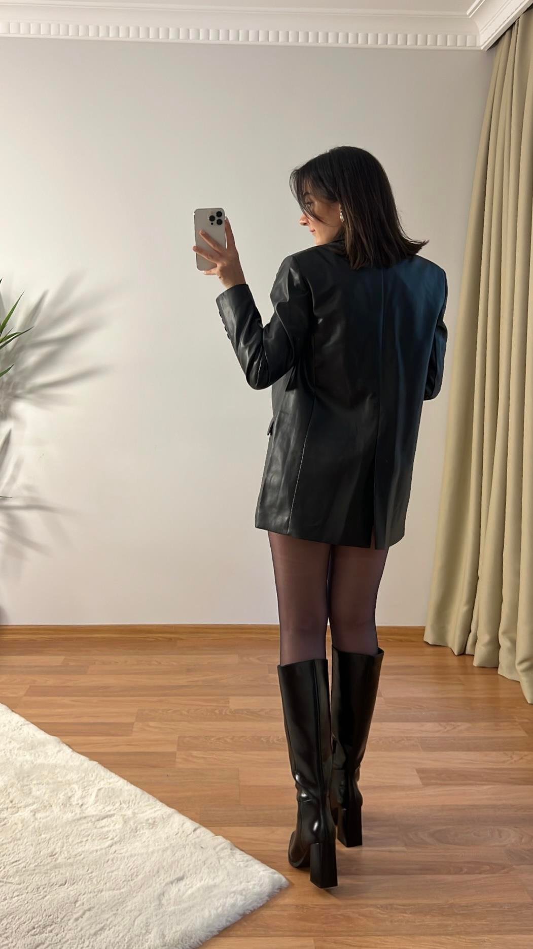 SİYAH DERİ KRUVAZE BLAZER
