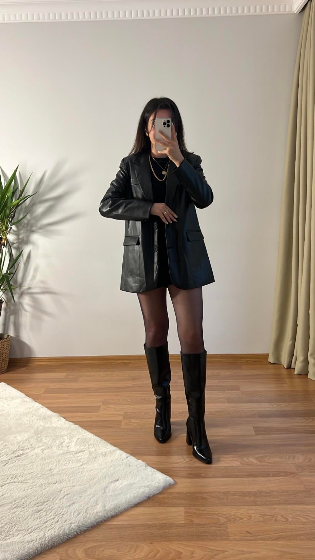 SİYAH DERİ KRUVAZE BLAZER