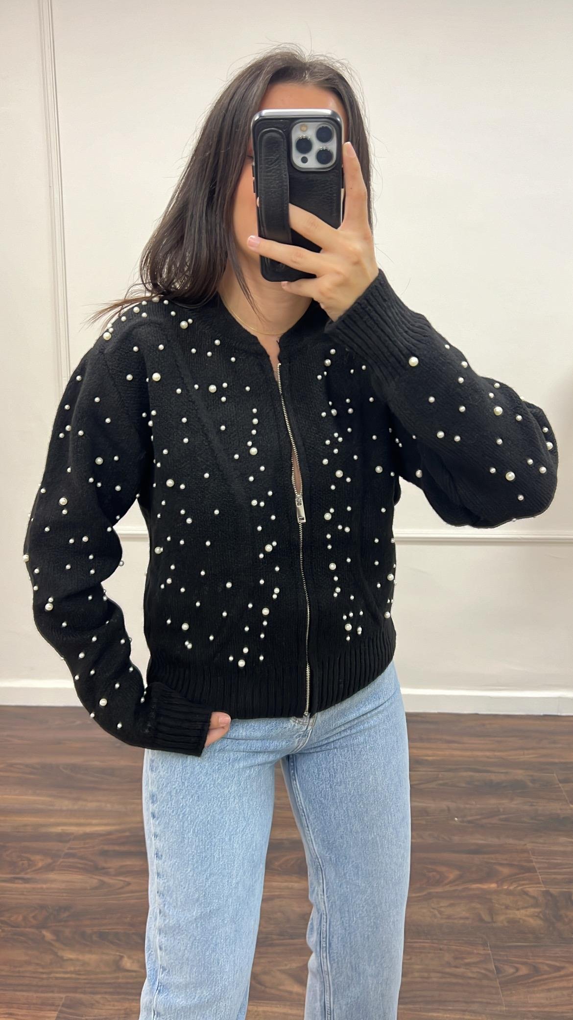 Siyah İnci Detay İşlemeli Triko Bomber Ceket