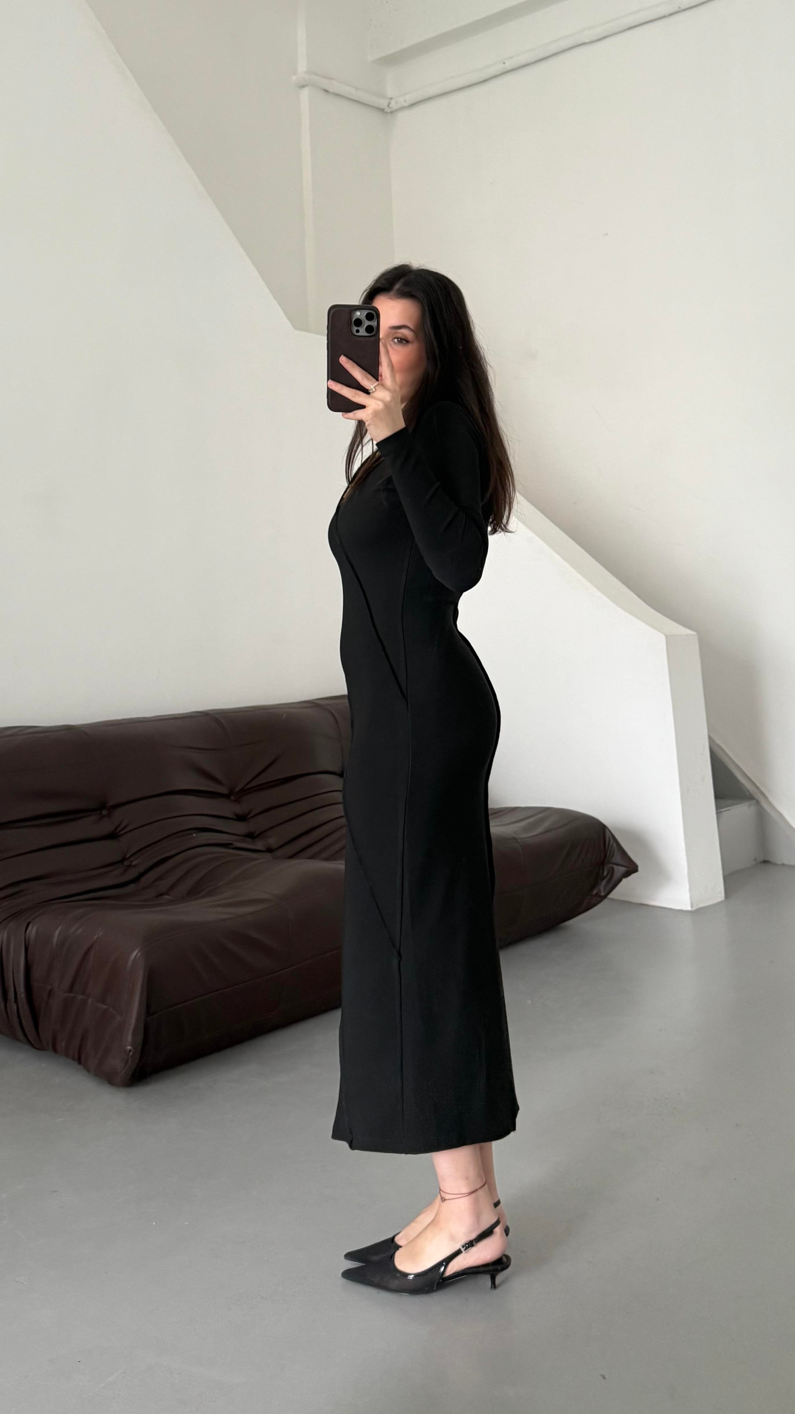 Siyah Kendinden Fitilli Örme Elbise