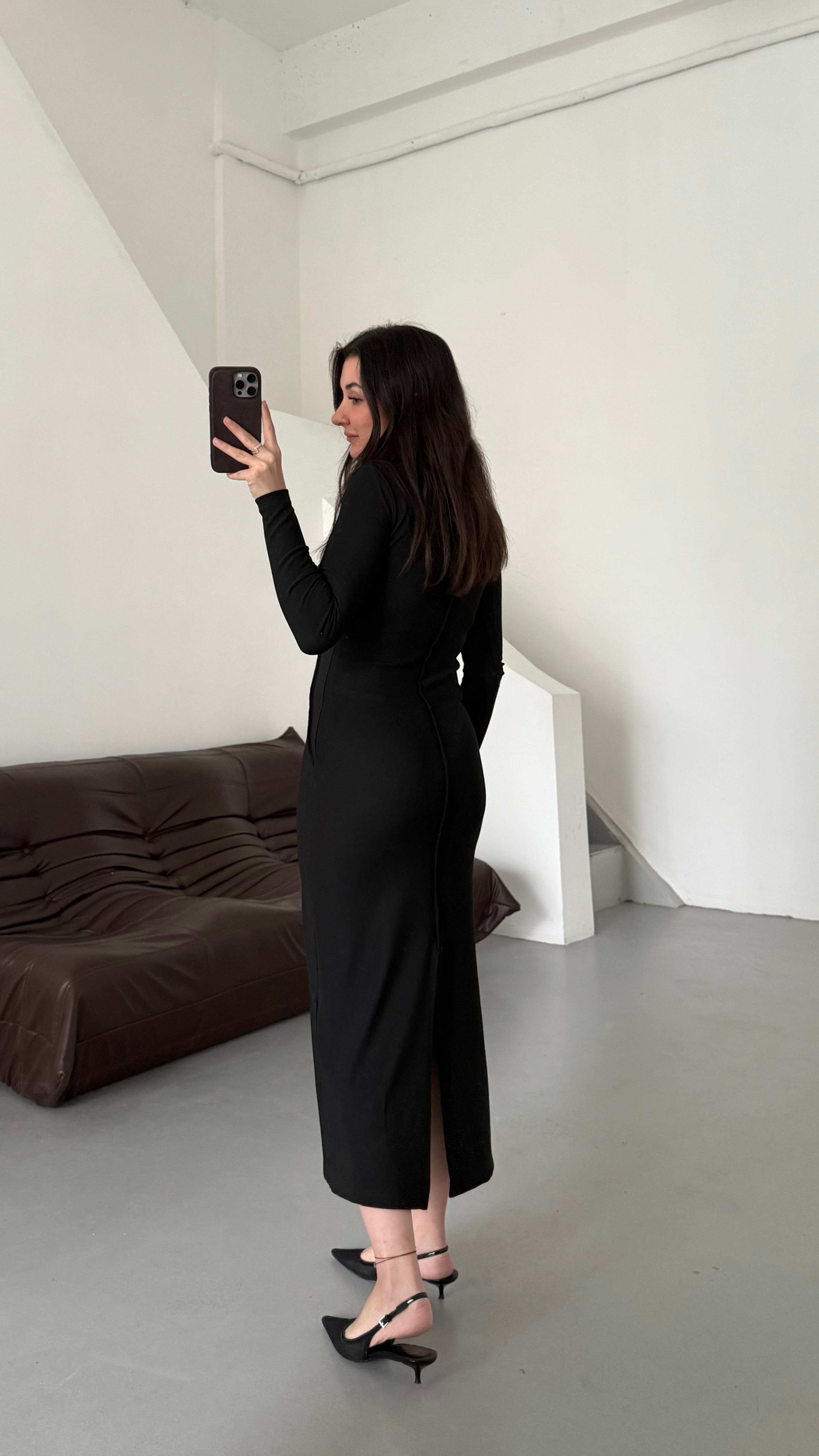 Siyah Kendinden Fitilli Örme Elbise