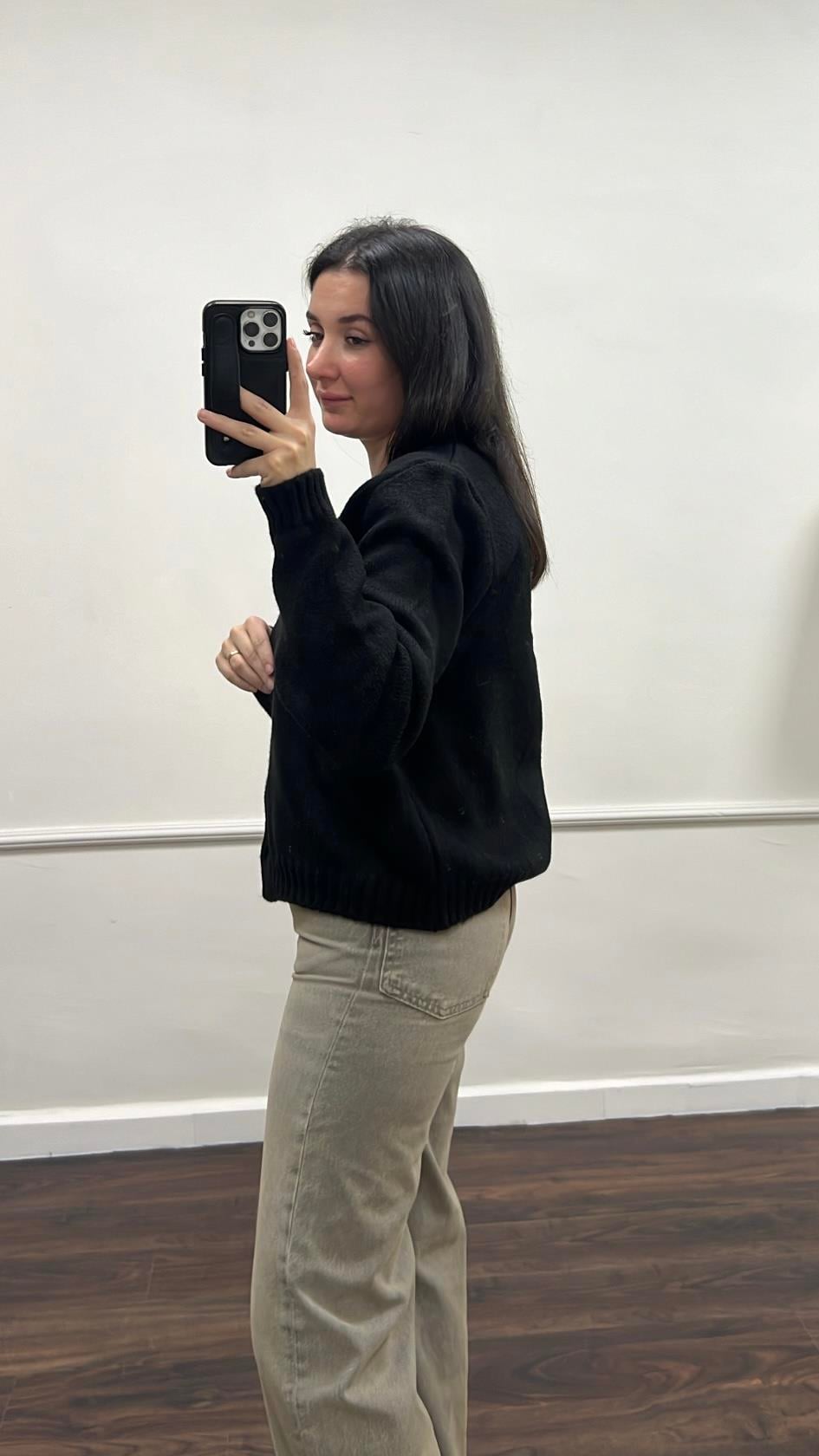 Siyah Mini Düğme Detaylı Basıc Hırka