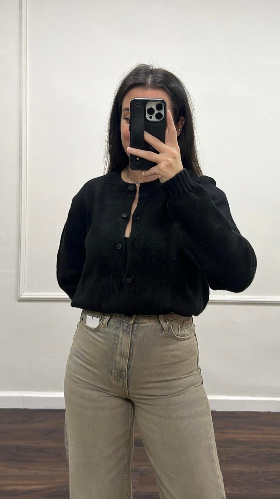 Siyah Mini Düğme Detaylı Basıc Hırka