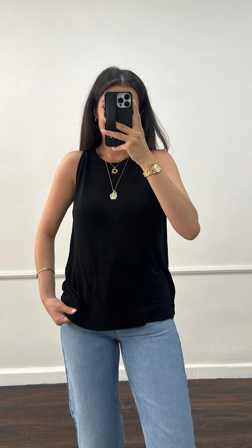 Siyah Örme %100 Viskon Halter Yaka Triko Bluz