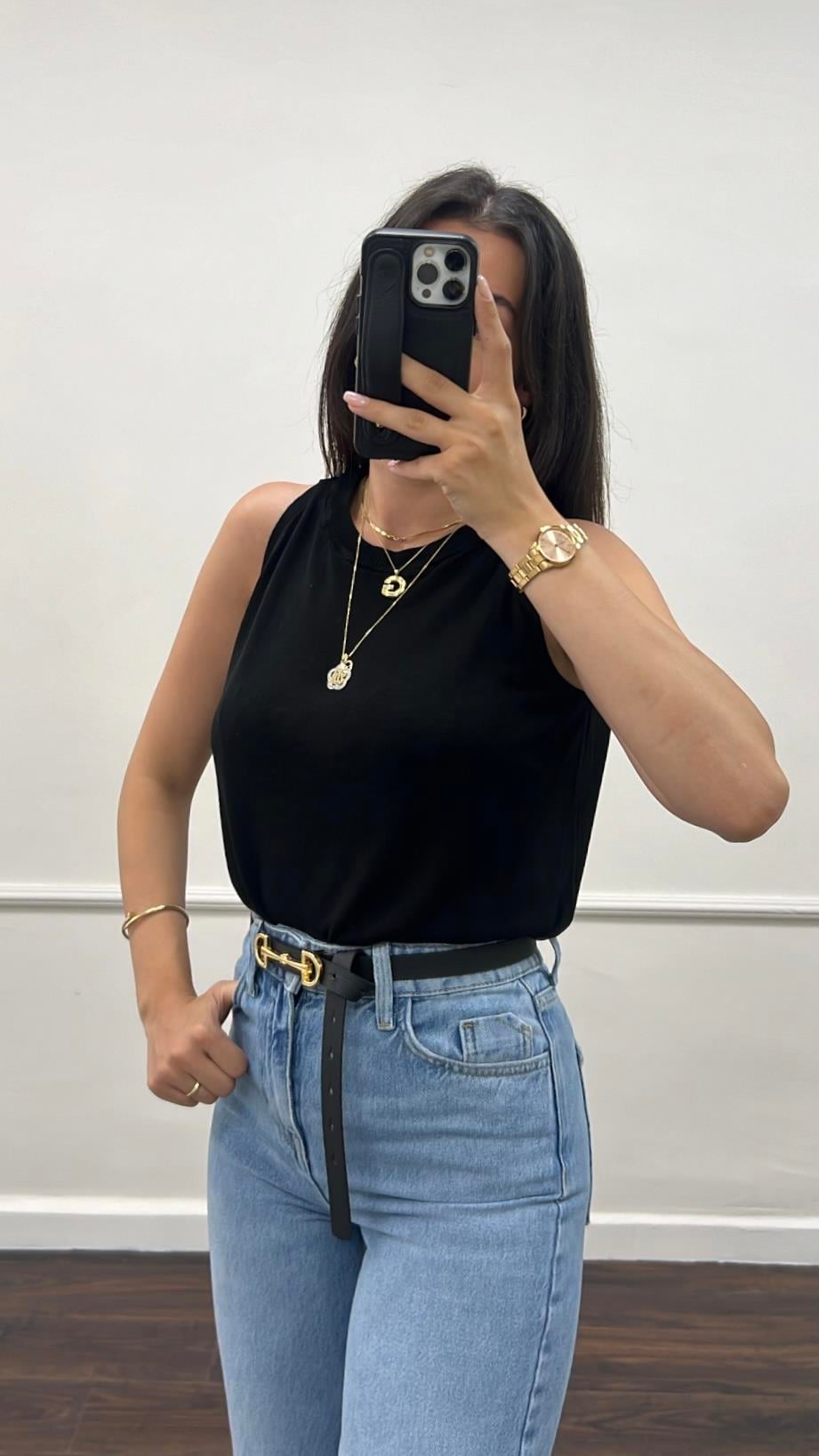 Siyah Örme %100 Viskon Halter Yaka Triko Bluz