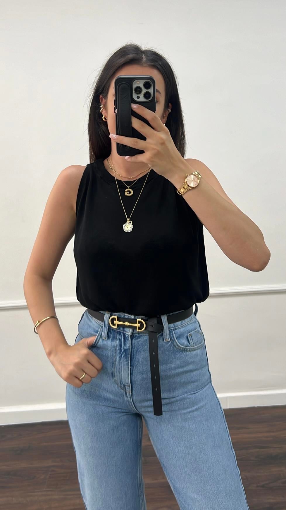 Siyah Örme %100 Viskon Halter Yaka Triko Bluz