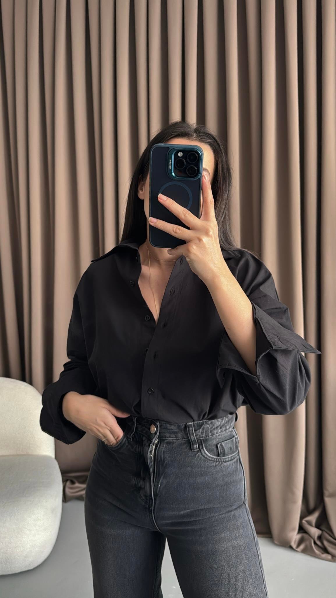 Siyah Oversize Poplin Gömlek 