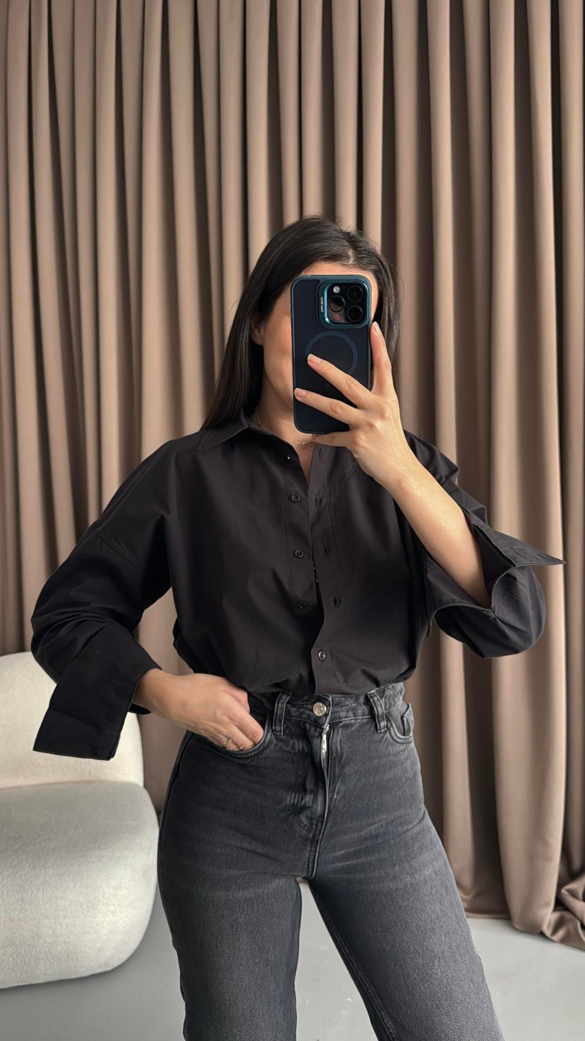 Siyah Oversize Poplin Gömlek 