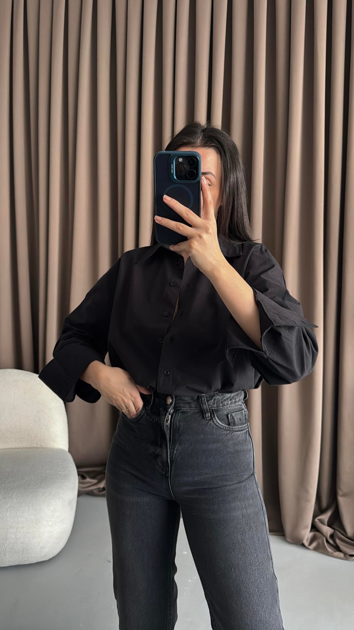 Siyah Oversize Poplin Gömlek 