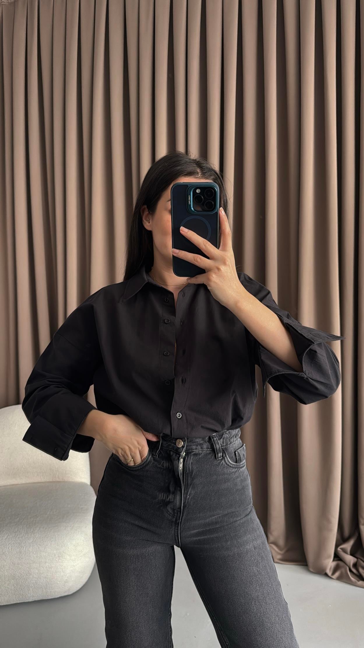 Siyah Oversize Poplin Gömlek 