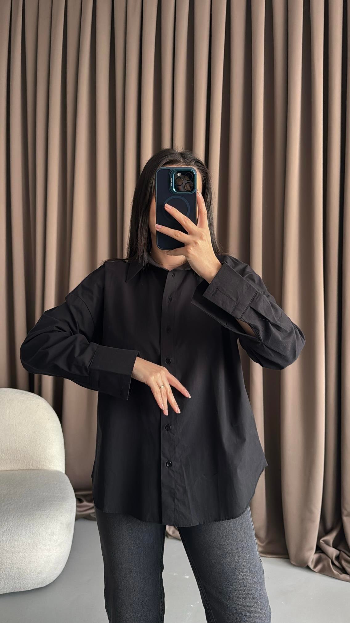 Siyah Oversize Poplin Gömlek 