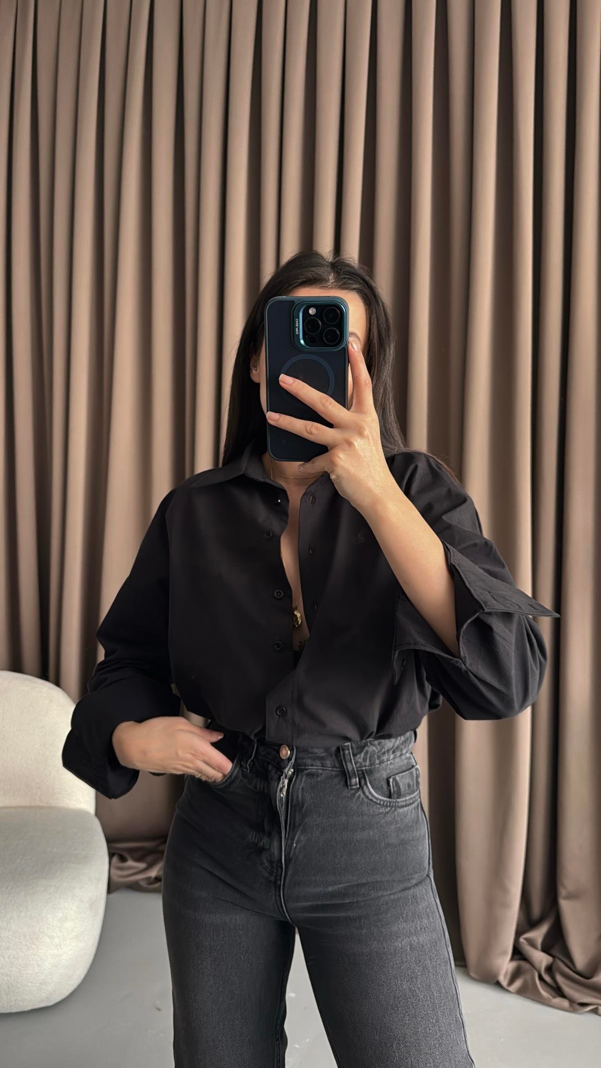 Siyah Oversize Poplin Gömlek 